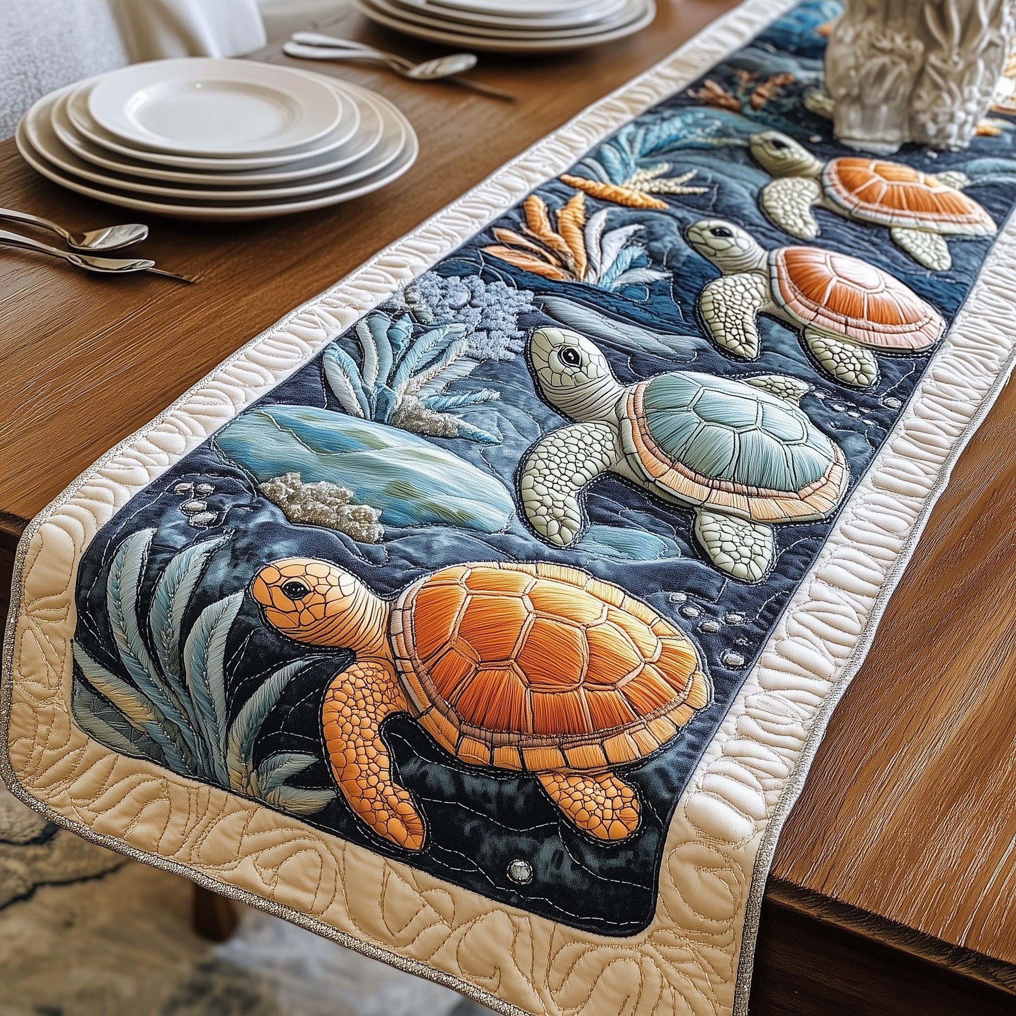 Cheerful Turtle Quilted Table Runner Dining Room Table Decor Sea Turtle Stuff
