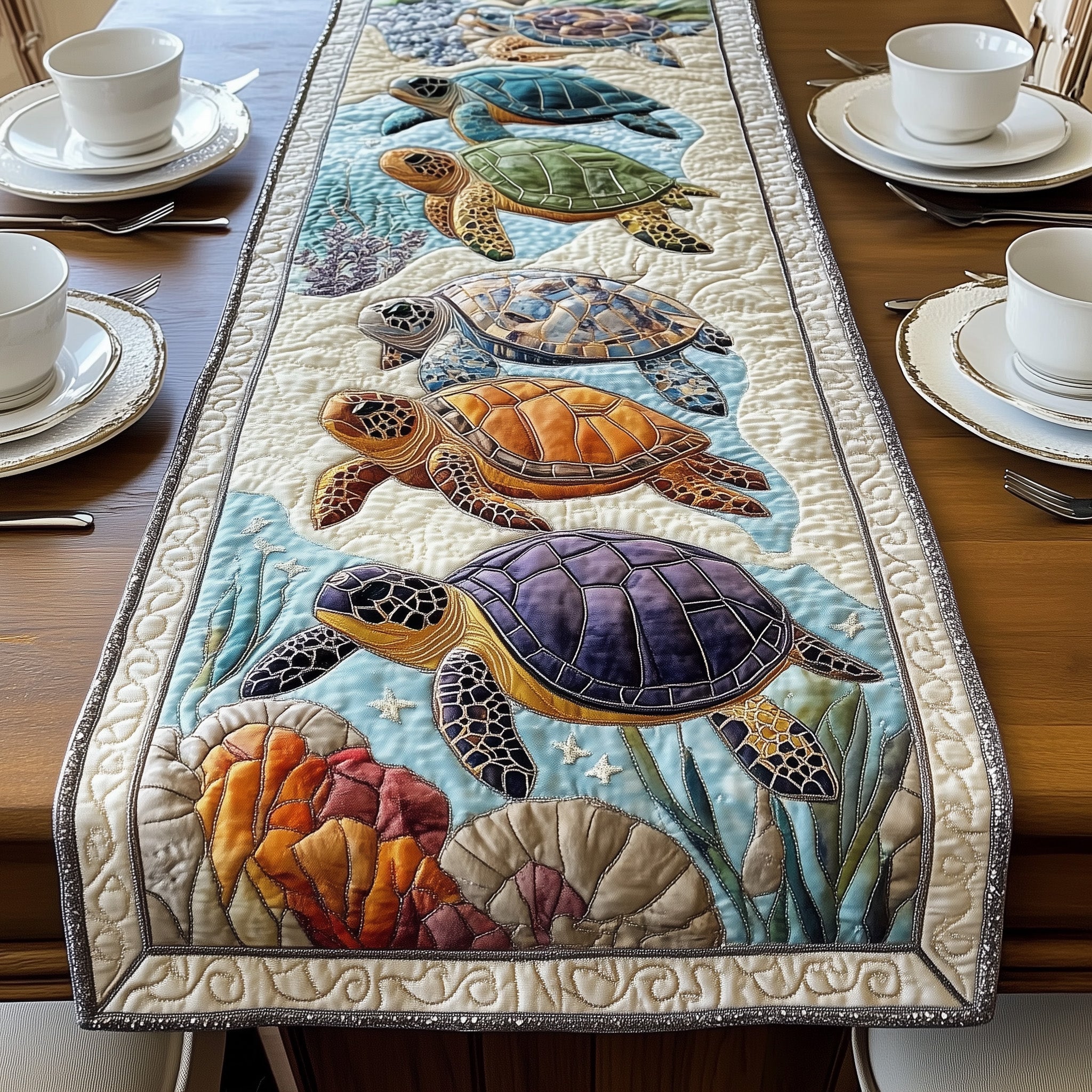 Cheerful Turtle Quilted Table Runner Table Runner Dining Table Sea Turtle Gifts For Her