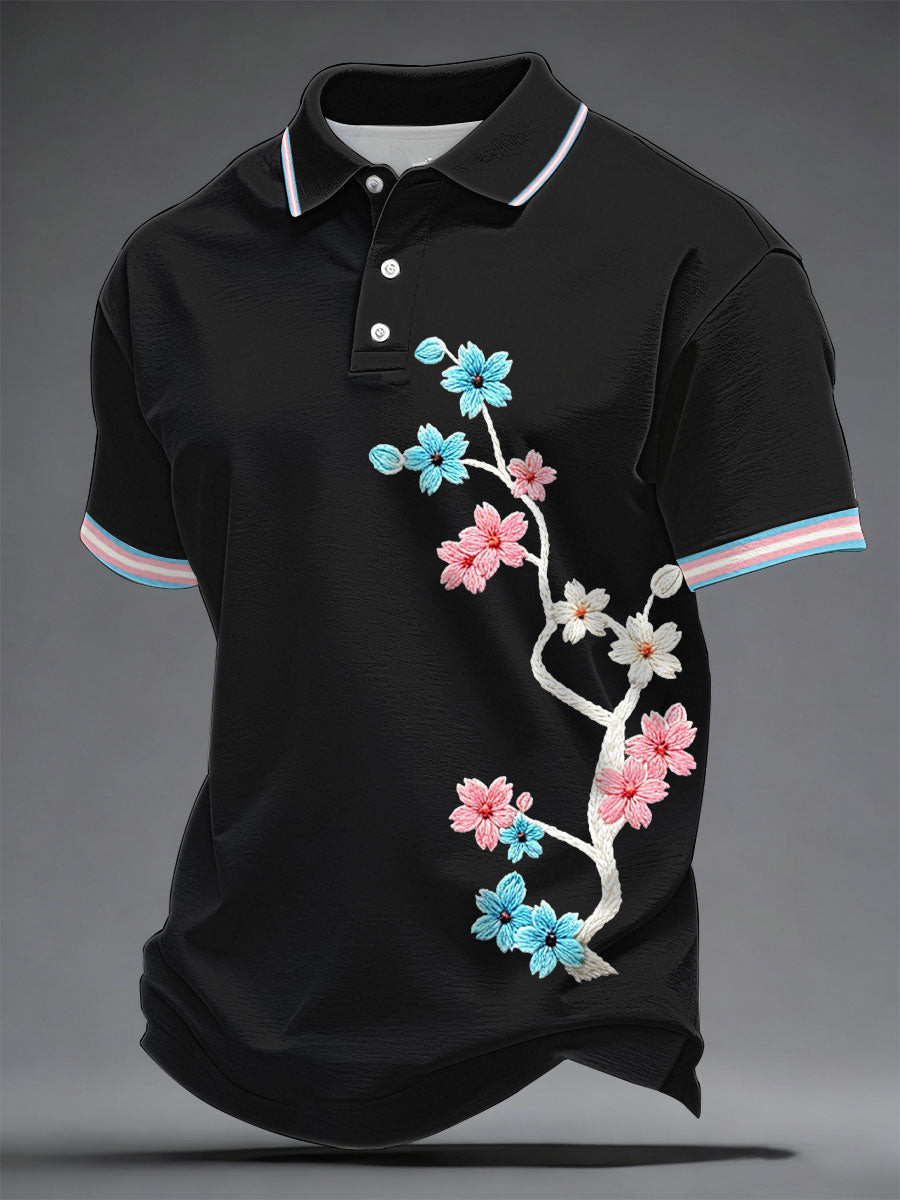 Cherry Blossom Floral Polo Shirt Transgender Pride Merch LGBTQ Gift Ideas - Image 5