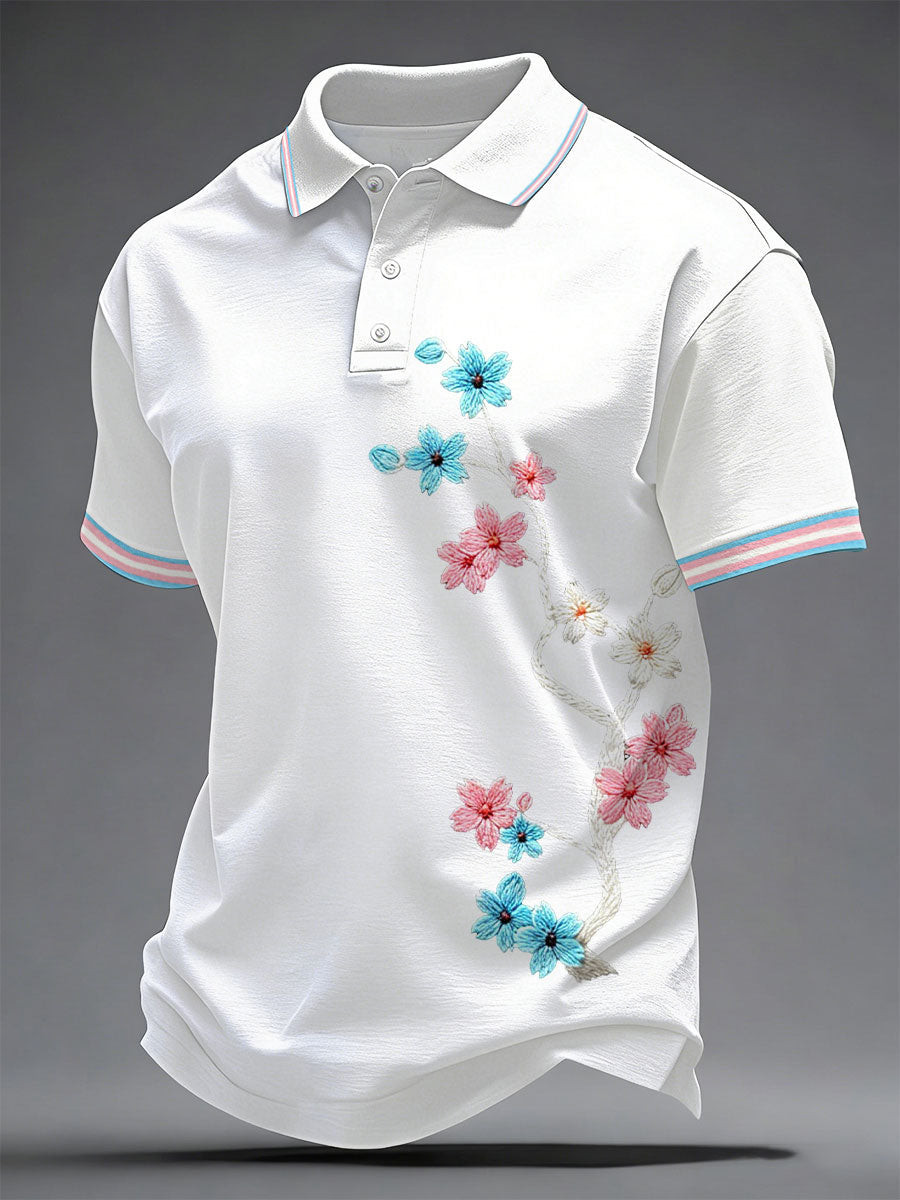 Cherry Blossom Floral Polo Shirt Transgender Pride Merch LGBTQ Gift Ideas - Image 2