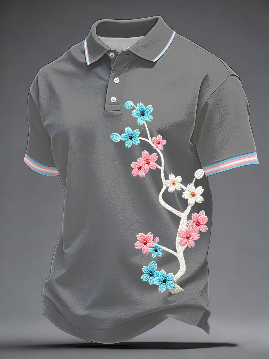 Cherry Blossom Floral Polo Shirt Transgender Pride Merch LGBTQ Gift Ideas - Image 3