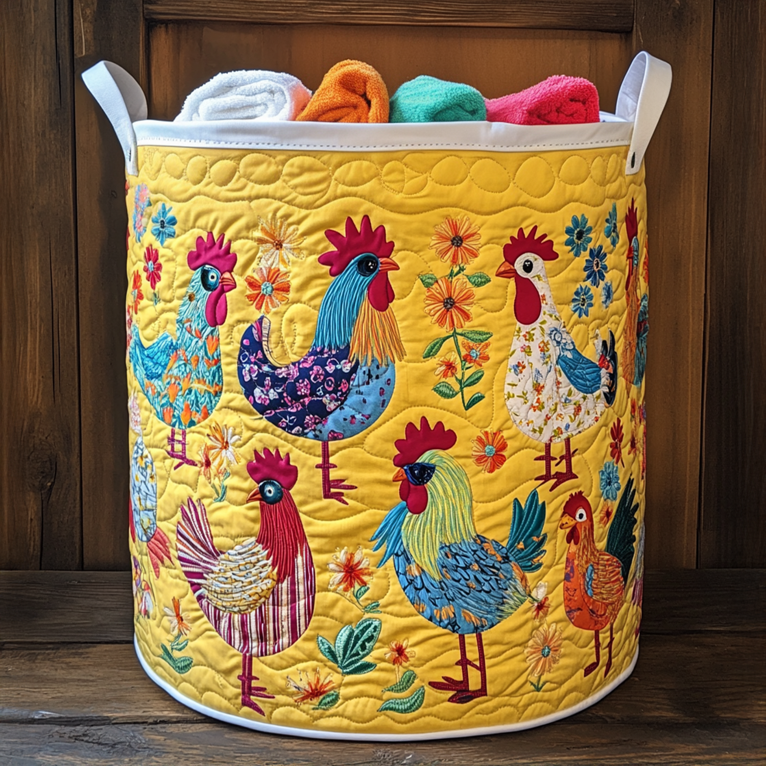 Chic Chickens Quilted Laundry Basket Foldable Storage Bin Gifts For Hen Lovers