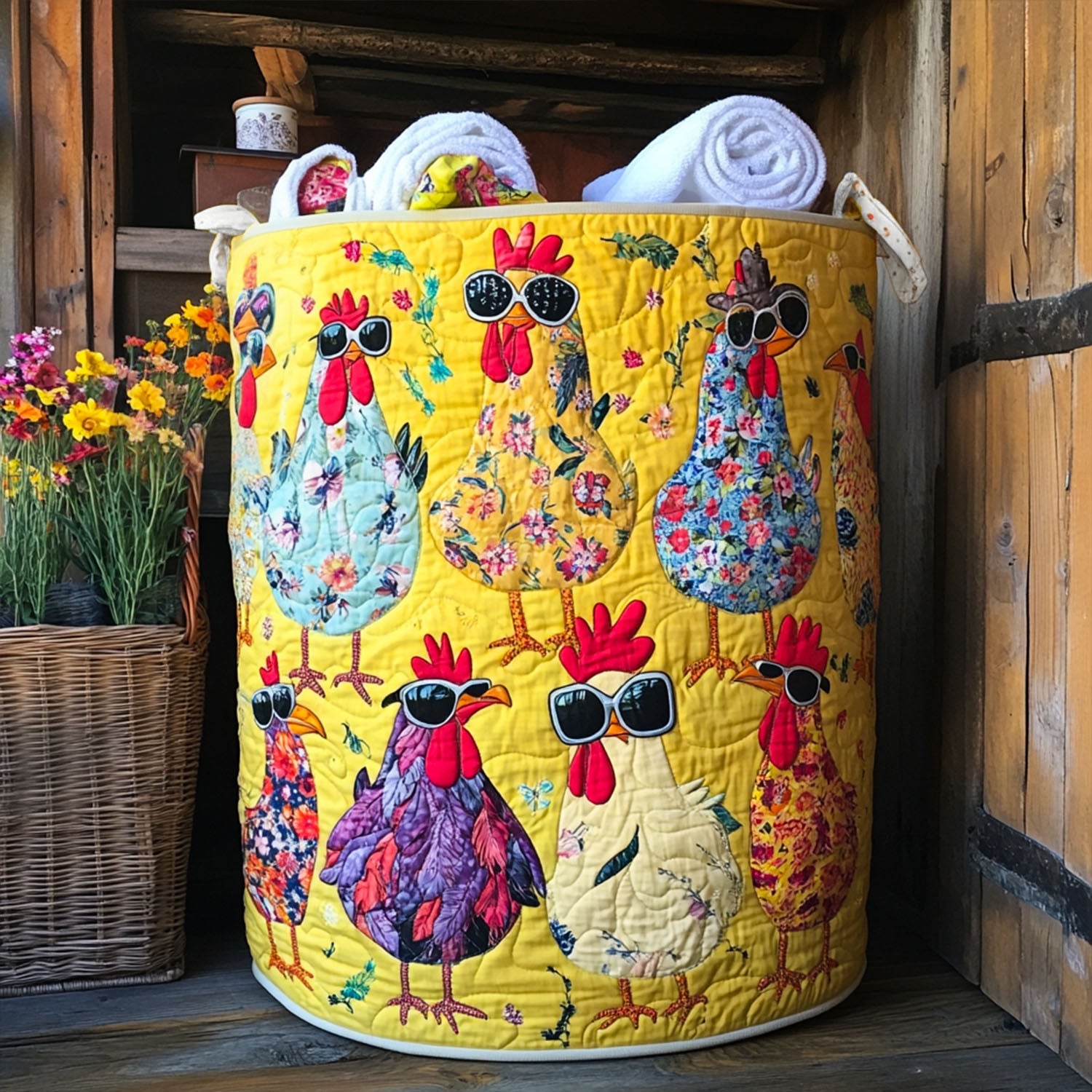 Chick-a-Boom Quilted Laundry Basket Dirty Laundry Basket Chicken Lover Presents