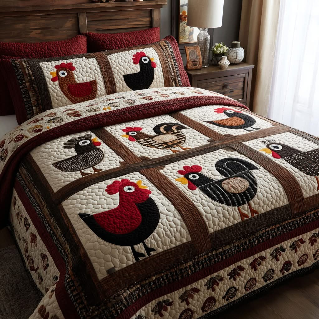 Chicken Barnyard Blocks Quilted Bedding Set Whimsical Duvet Cover Set Gifts For Farmers