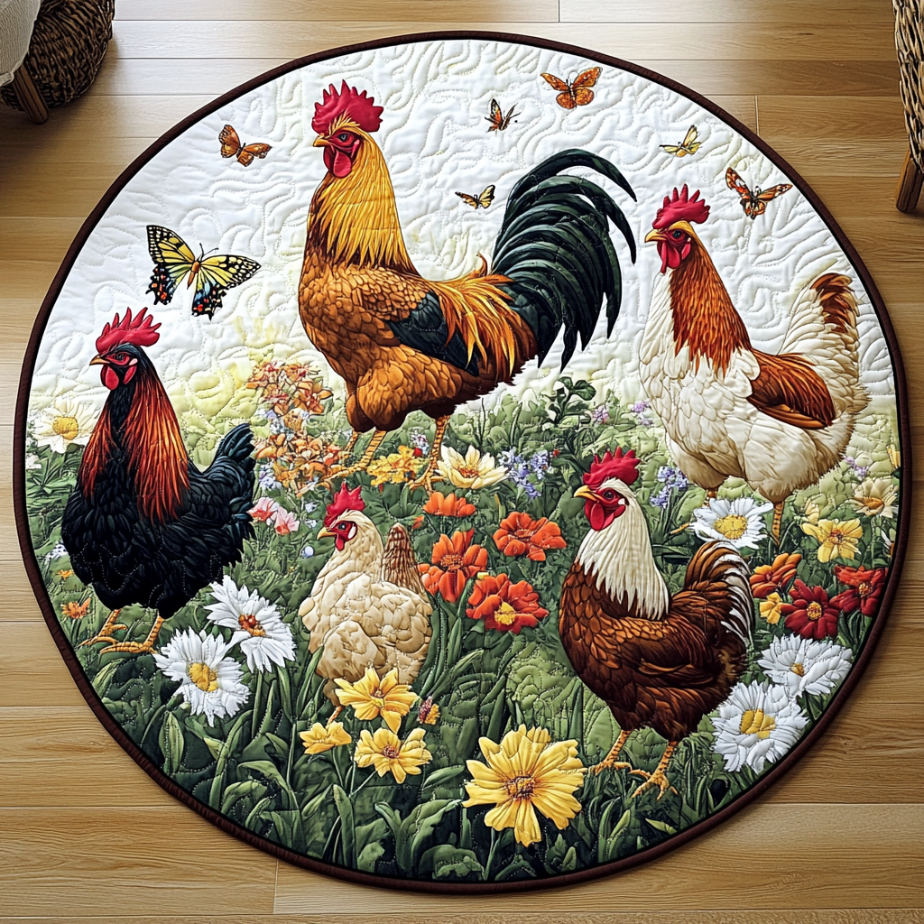 Chicken Cheer Quilted Round Mat Small Round Carpets Gifts With Chickens On Them