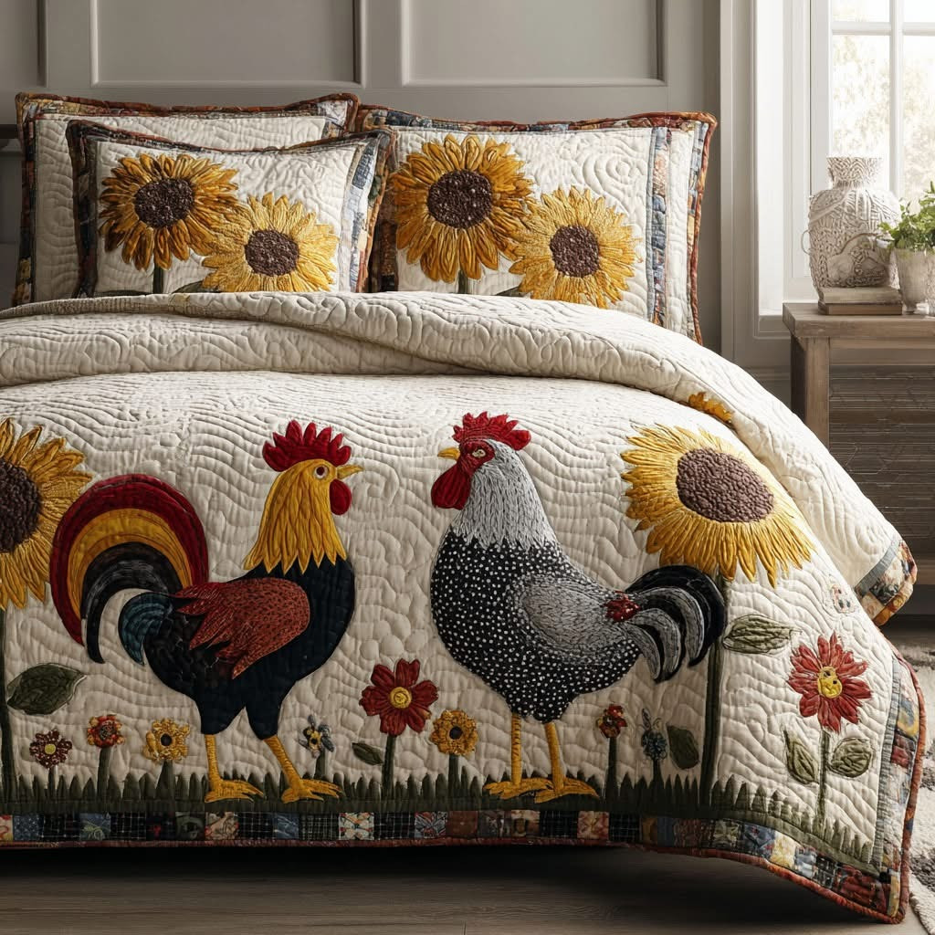 Chicken Farmhouse Flock Quilted Bedding Set Duvet Cover Bedspread Set Best Gifts For Mom