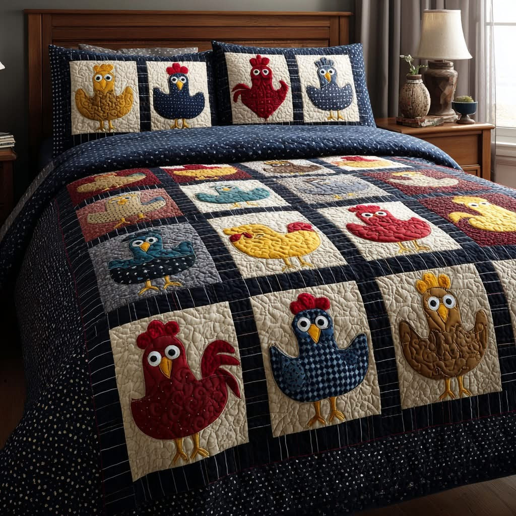 Chicken Patchwork Quilted Bedding Set Whimsical Animal Bed Sheet Set Gifts Ideas For Friends