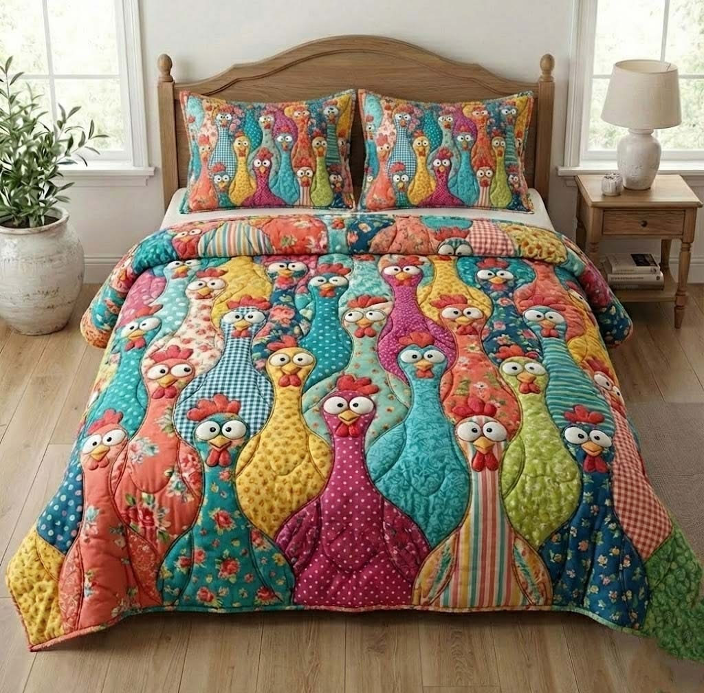 Chicken Quilted Bedding Set Whimsical Colorful Chicken Bedsheet Set Gifts For Mom