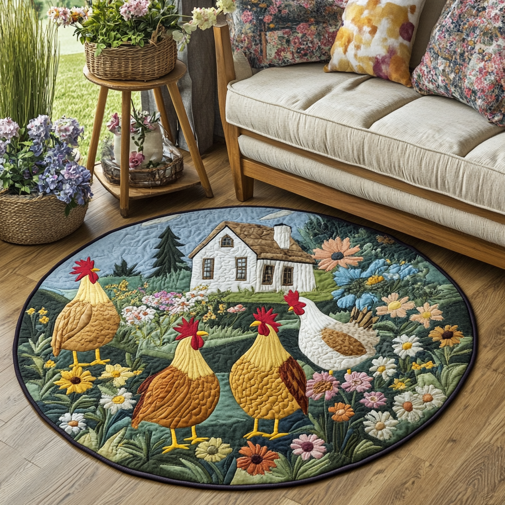 Chicken Roost Quilted Round Mat Floor Mat Round Gifts For Chicken Farmers