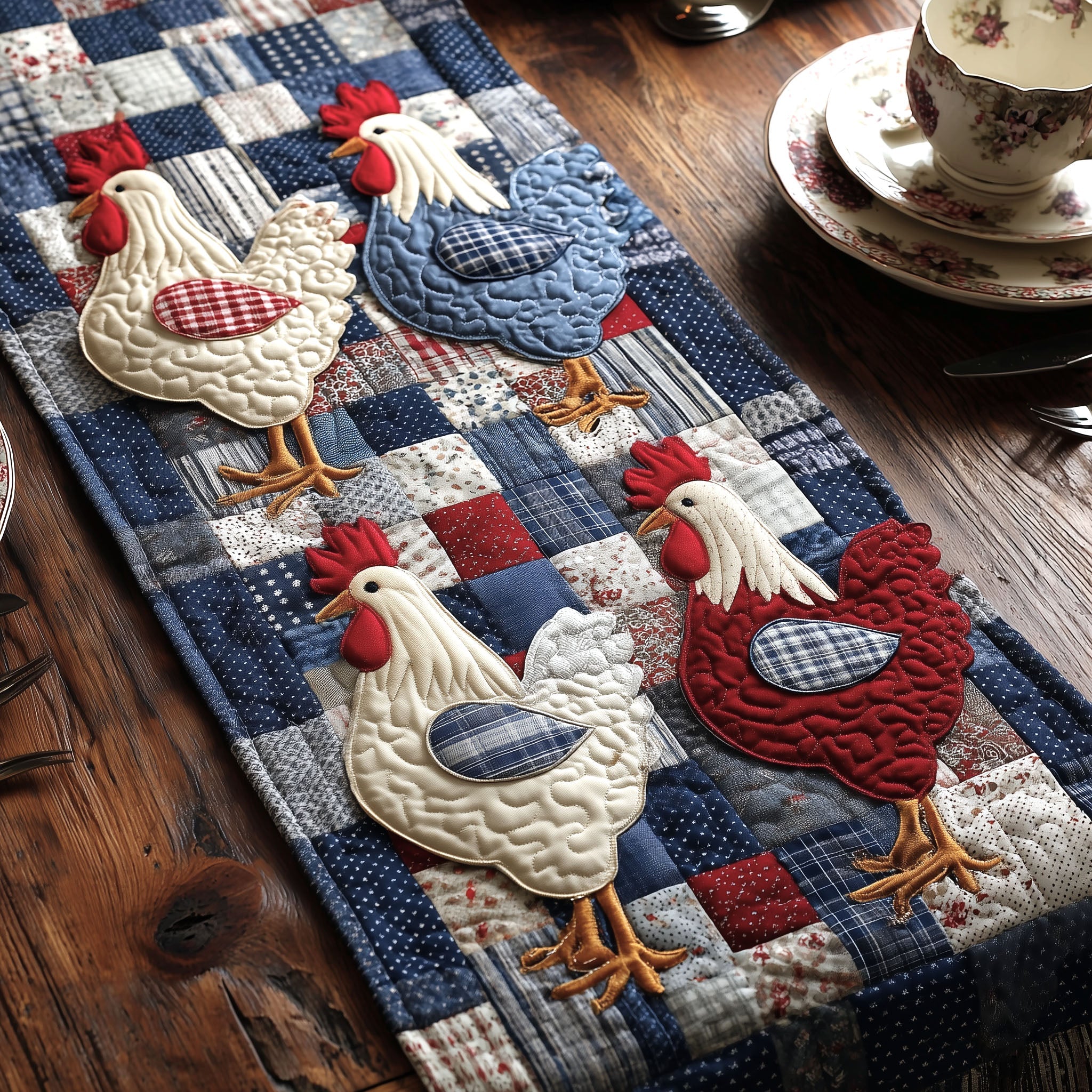 Chicken Troop Quilted Table Runner Country Table Runners Gifts With Chickens On Them