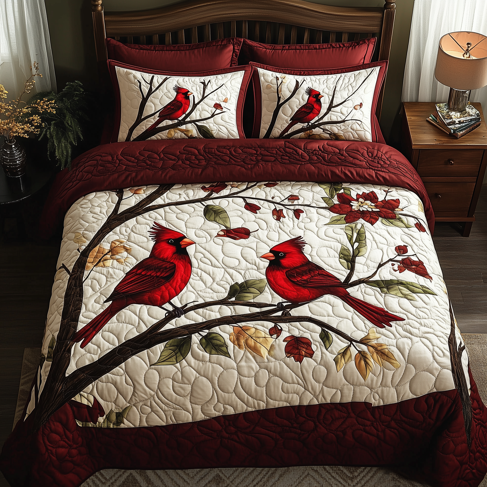 Christmas Cardinal Quilted Bedding Set Christmas Duvet Cover Queen Cardinal Bird Gifts
