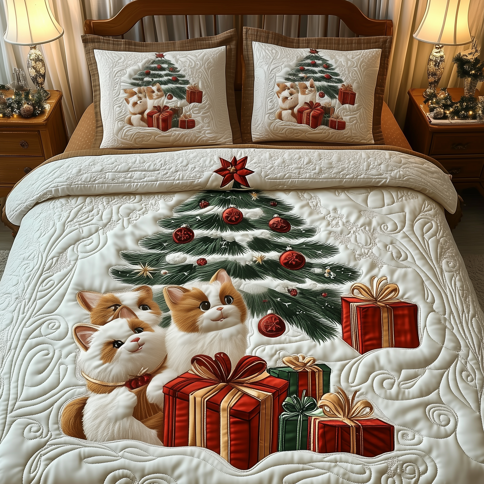 Christmas Cat Quilted Bedding Set Christmas Bed Decor Good Cat Gifts