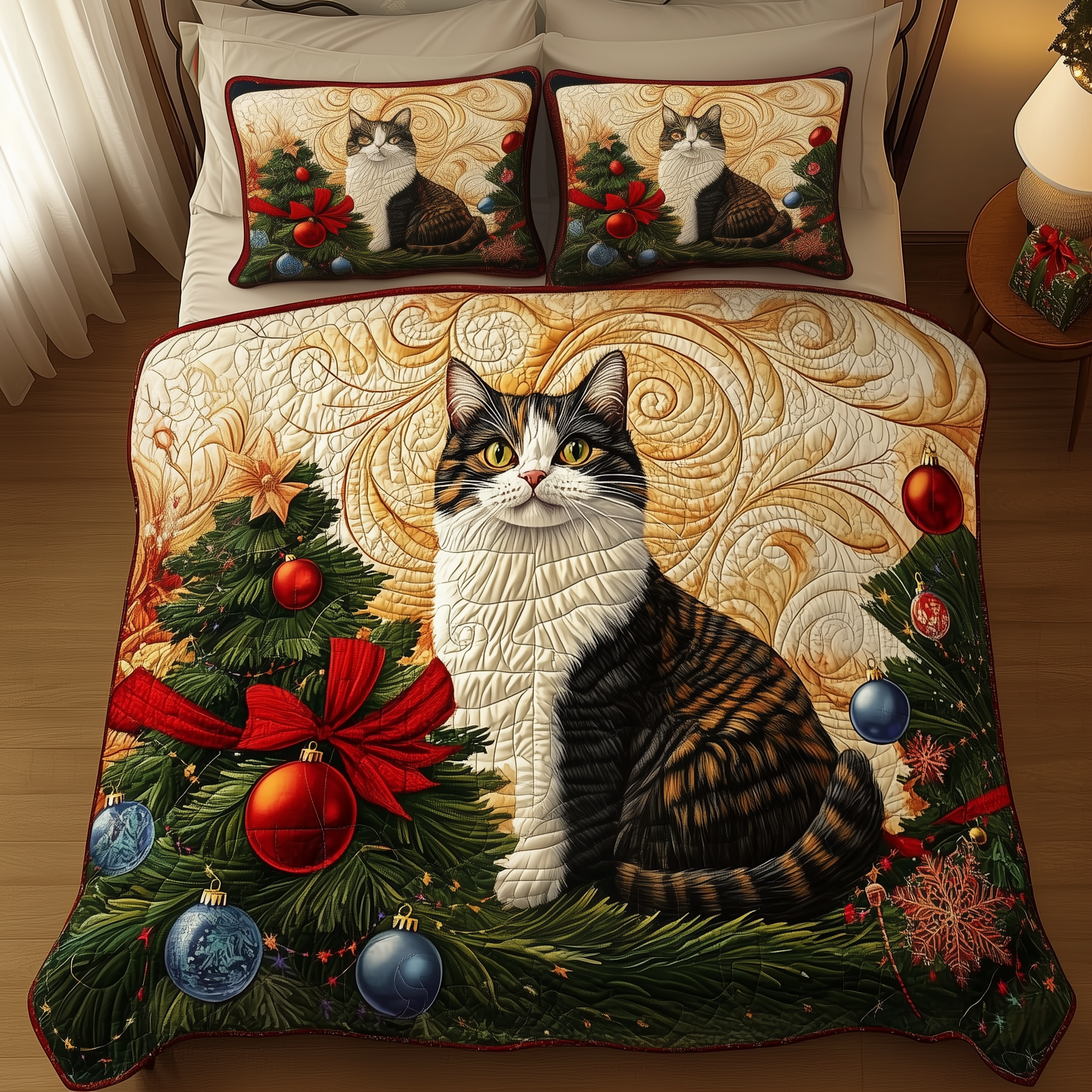 Christmas Cat Quilted Bedding Set Cute Christmas Bedroom Cat Person Gifts