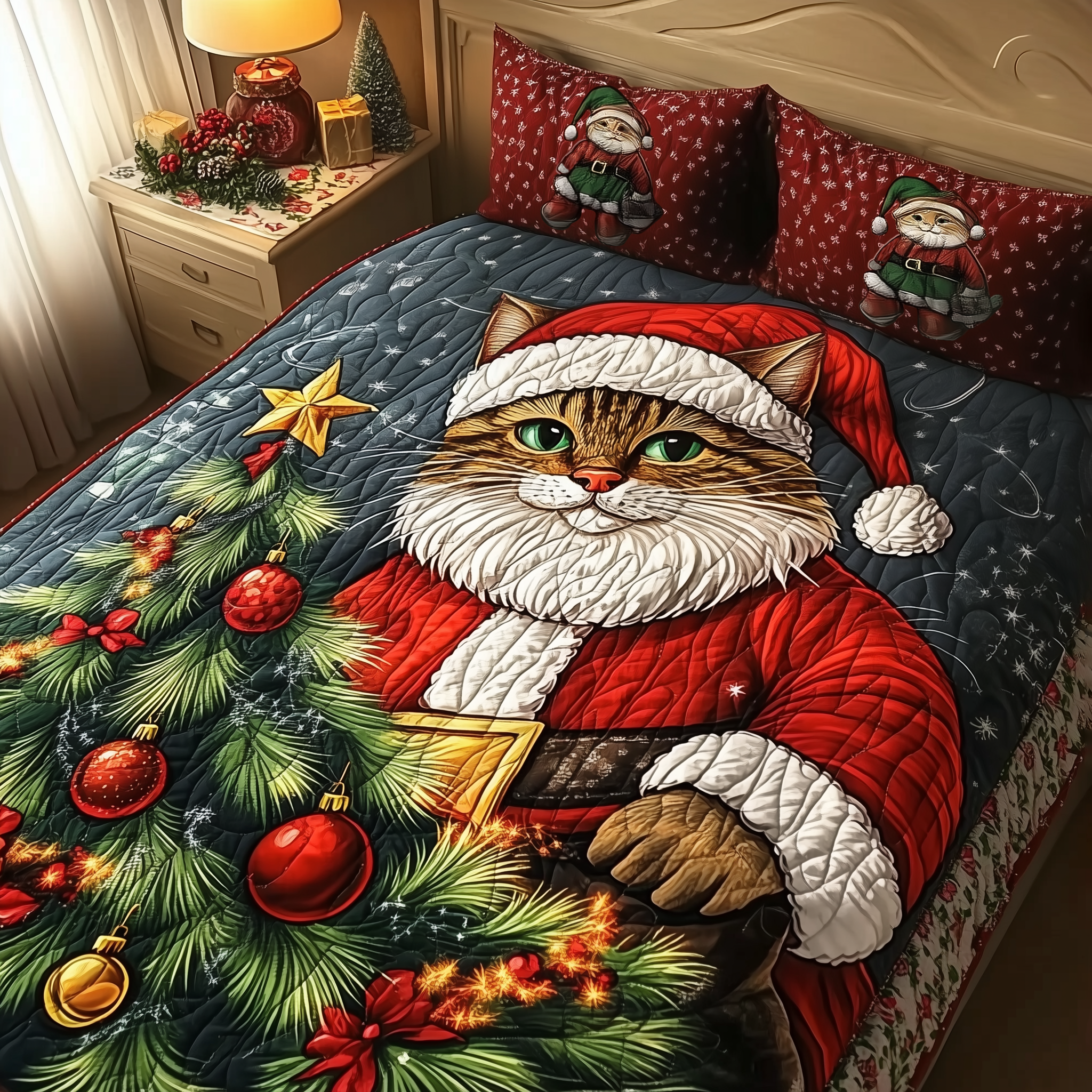 Christmas Cat Quilted Bedding Set Cute Christmas Bedrooms Best Cat Presents