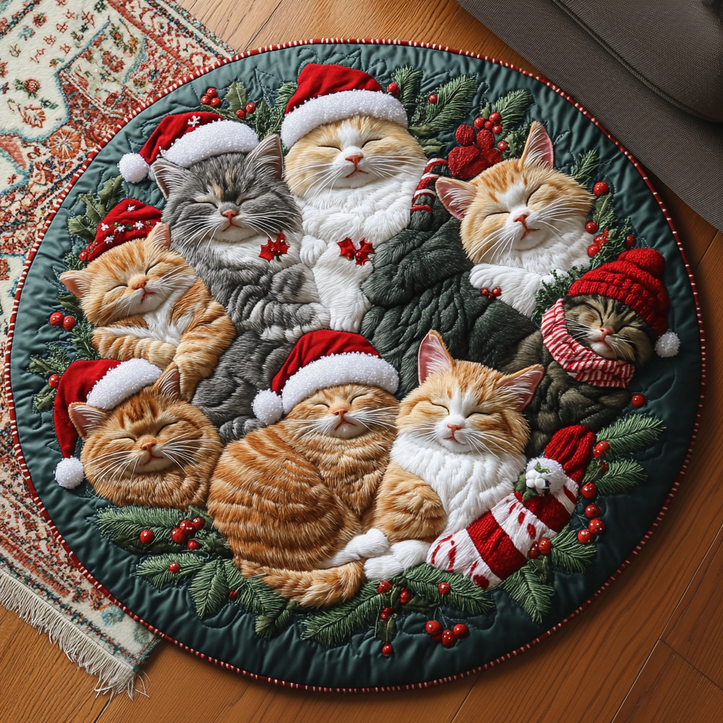Christmas Cozy Catnap Quilted Round Mat Large Round Mat Cat Gifts For Women
