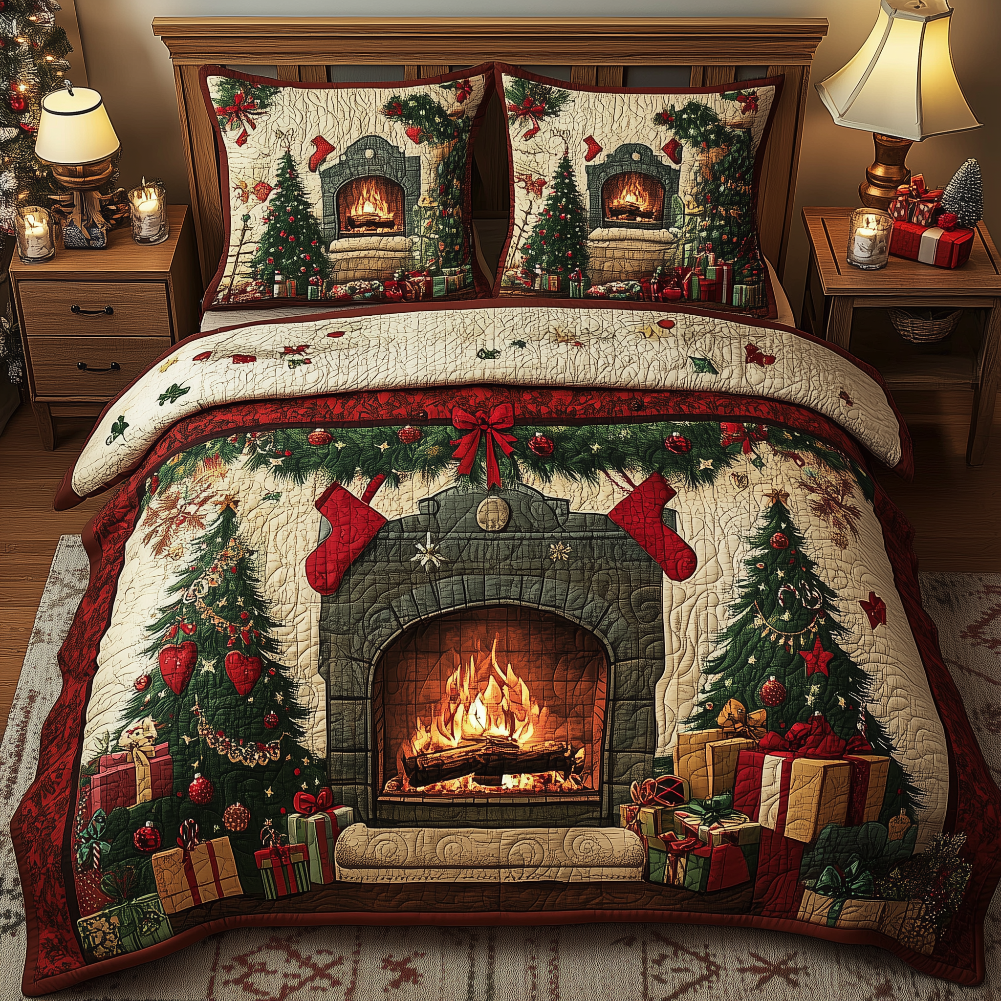 Christmas Cozy Fireplace Quilted Bedding Set Christmas Comforter Queen Cute Couple Gifts For Christmas