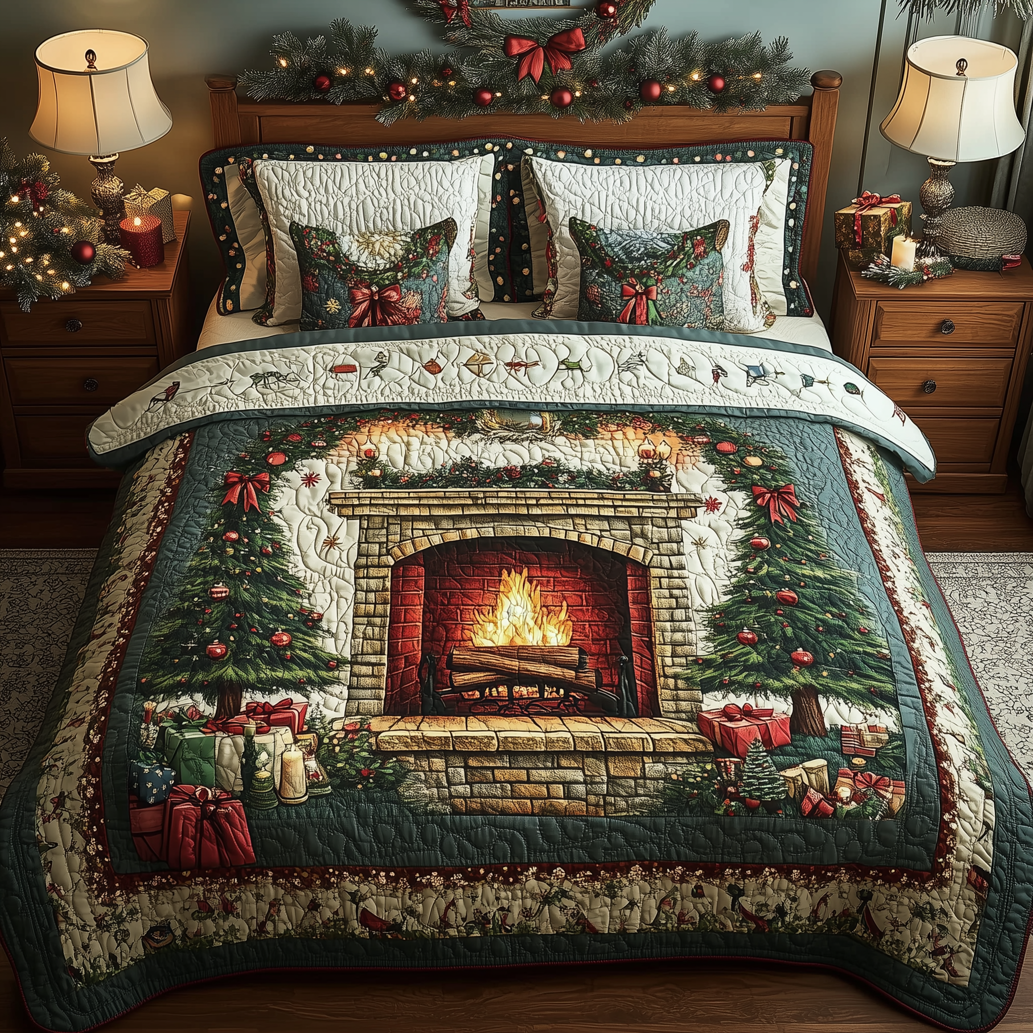 Christmas Cozy Fireplace Quilted Bedding Set Christmas Comforter Set King Unique Christmas Gifts For Couples