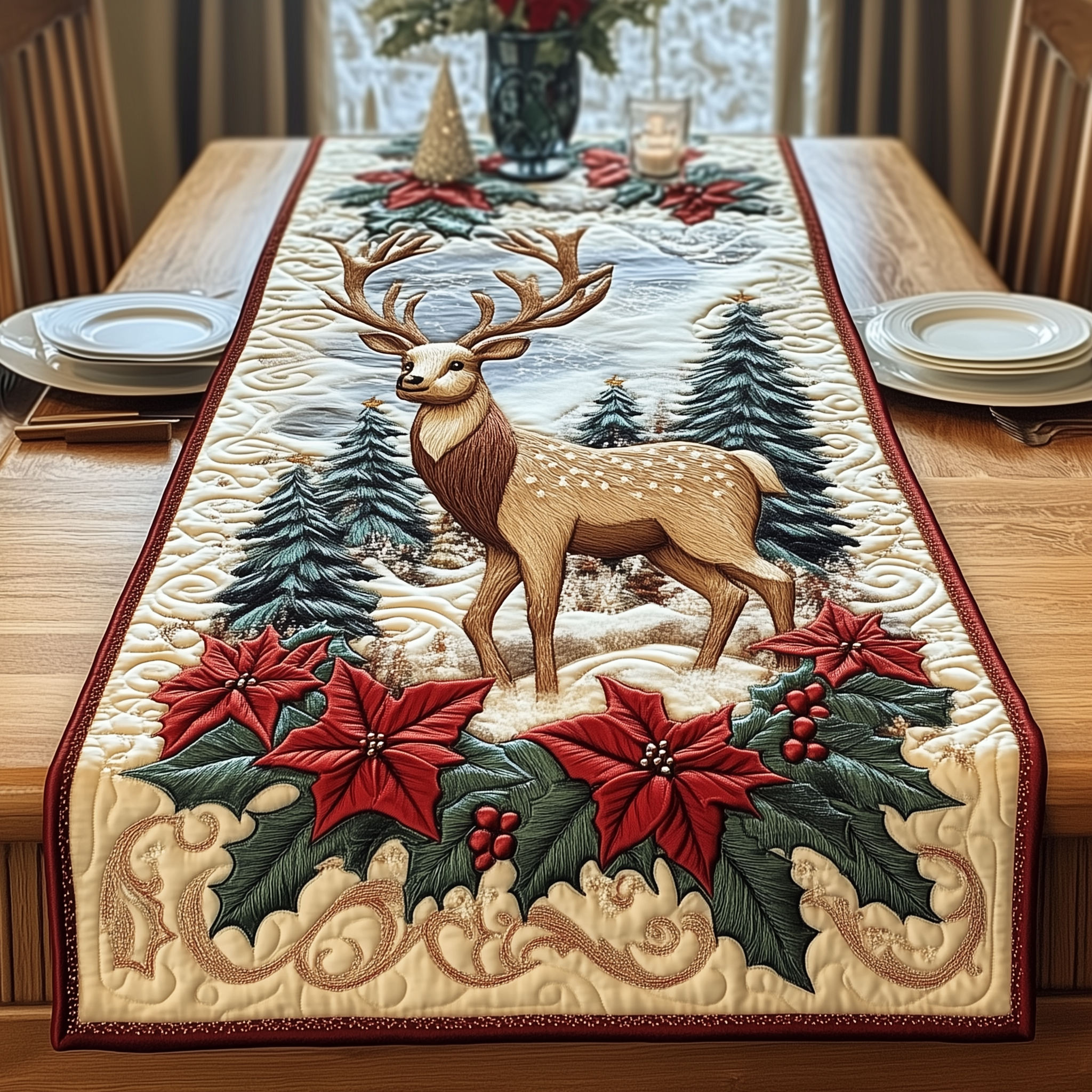 Christmas Deer Quilted Table Runner Xmas Dinner Table Decorations Xmas Presents For Mother In Law