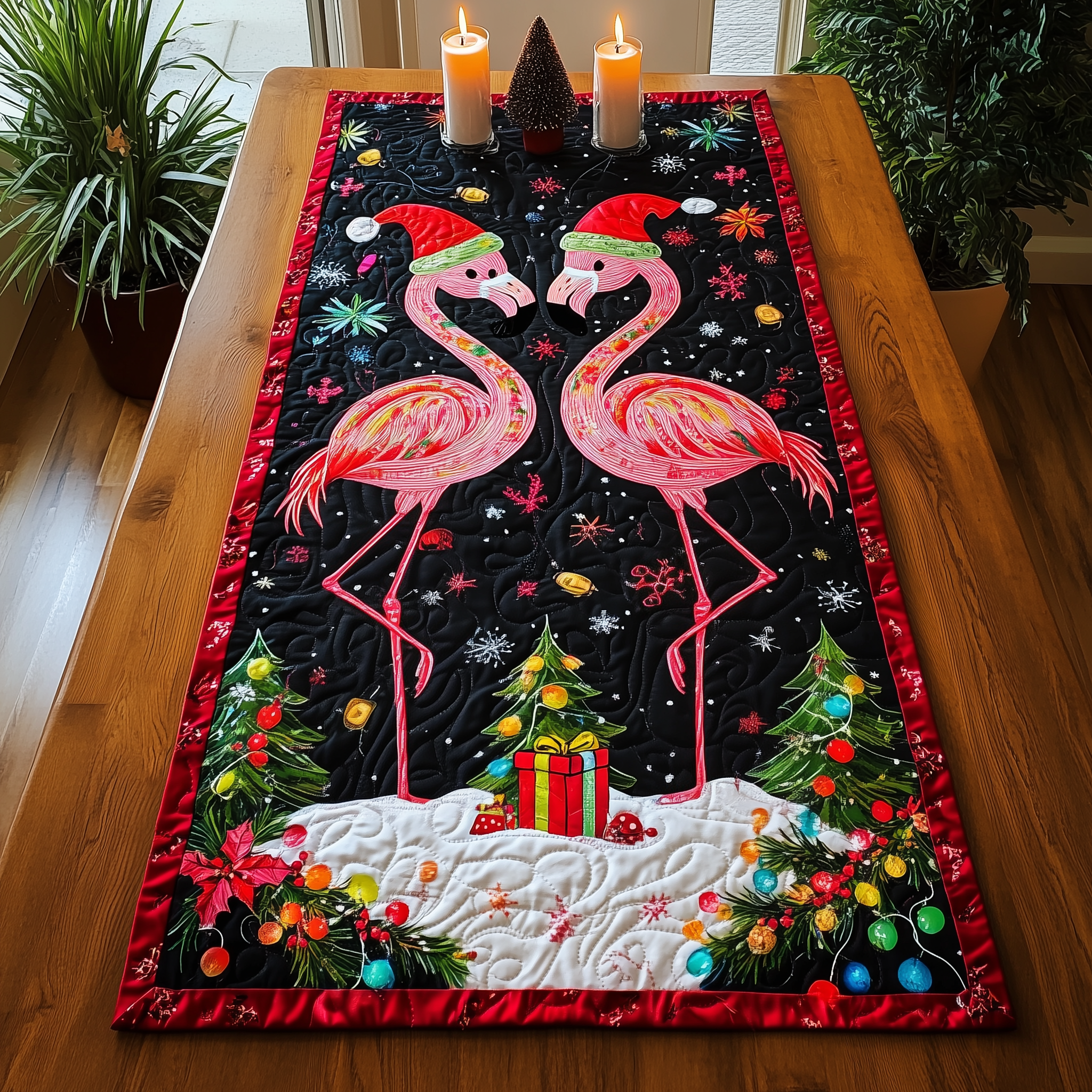 Christmas Flamingo Quilted Table Runner Dinner Table Decor Ideas Flamingo Themed Presents