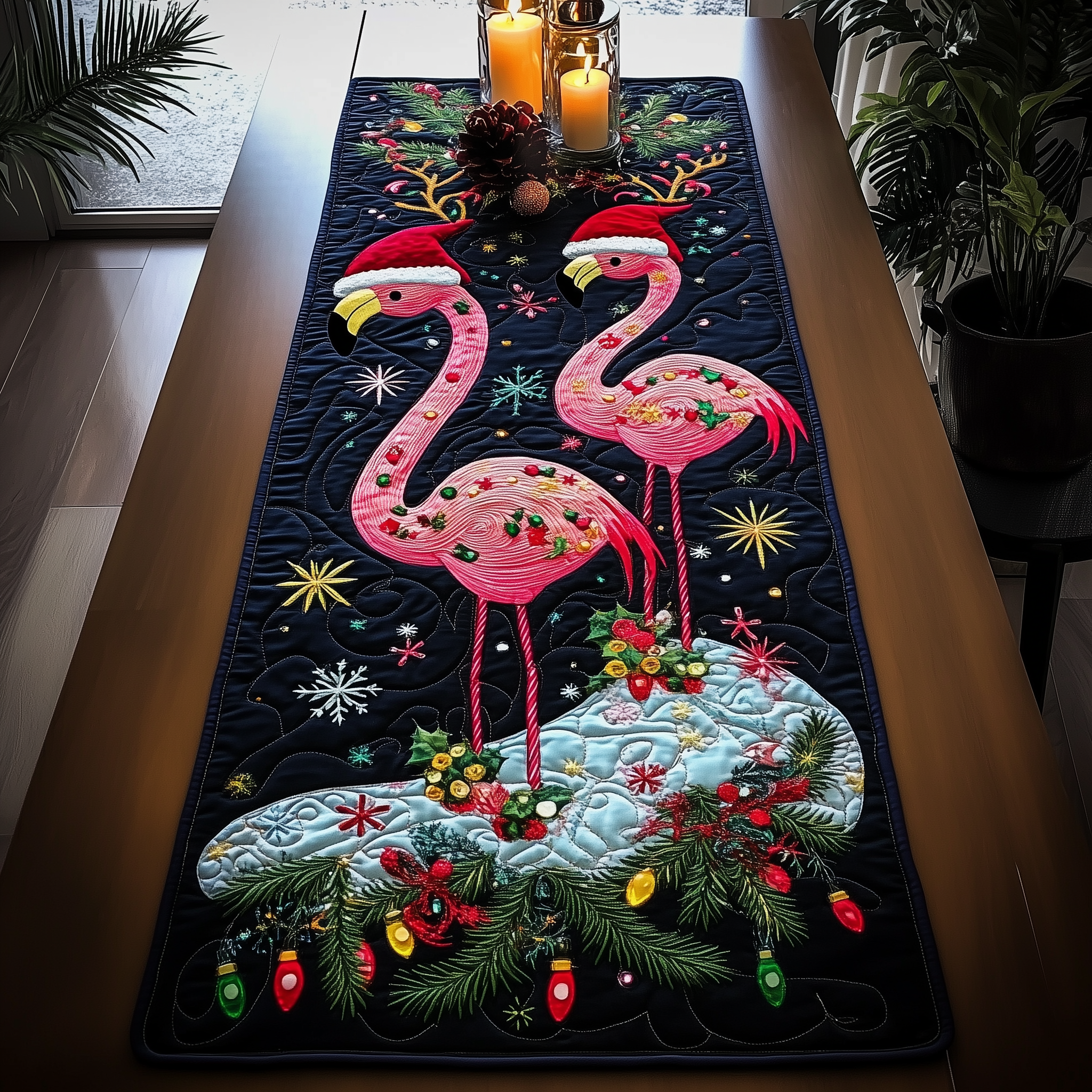 Christmas Flamingo Quilted Table Runner Elegant Dining Table Runner Flamingo Christmas Presents