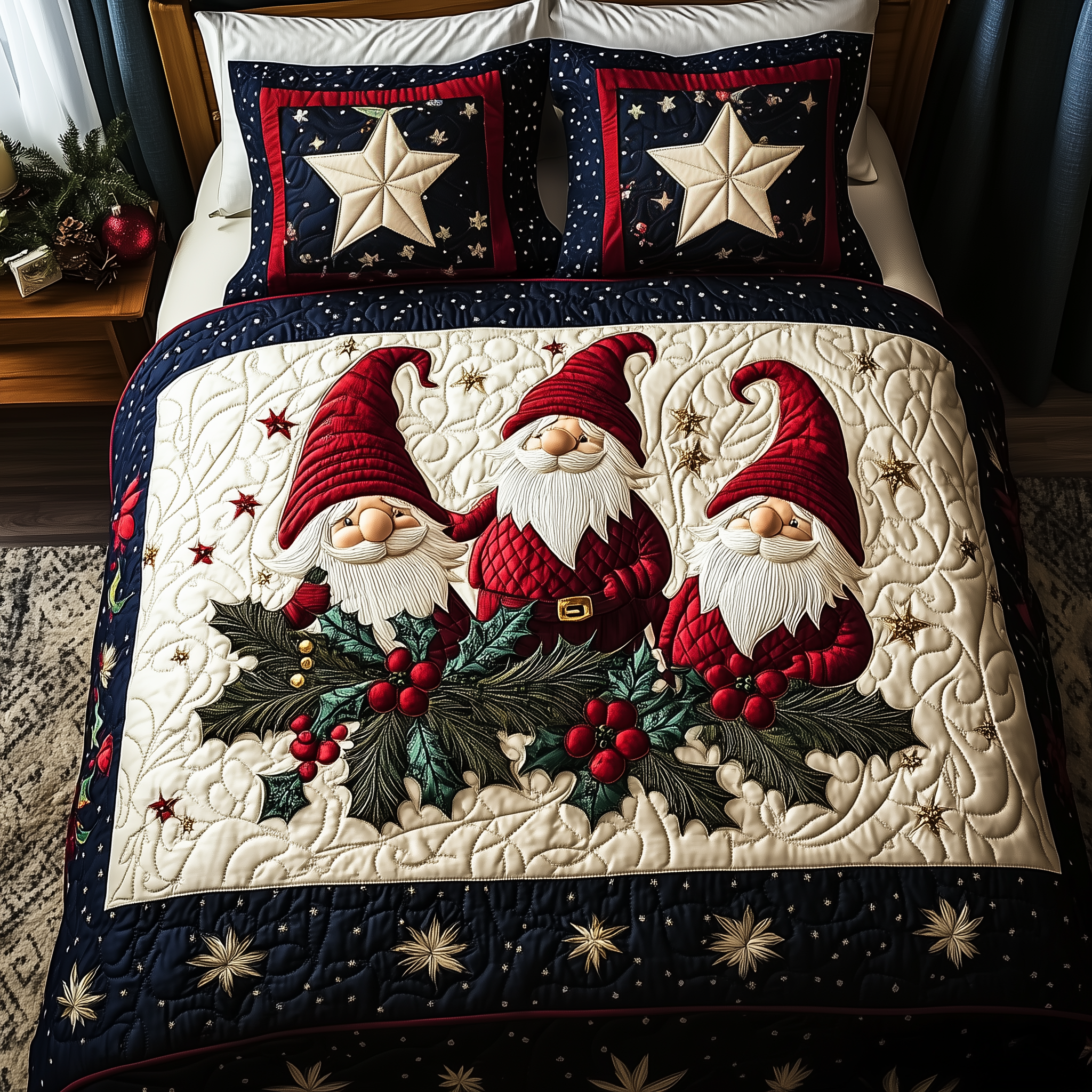 Christmas Gnome Quilted Bedding Set Christmas Sheets Queen Gifts For Gnome Lovers