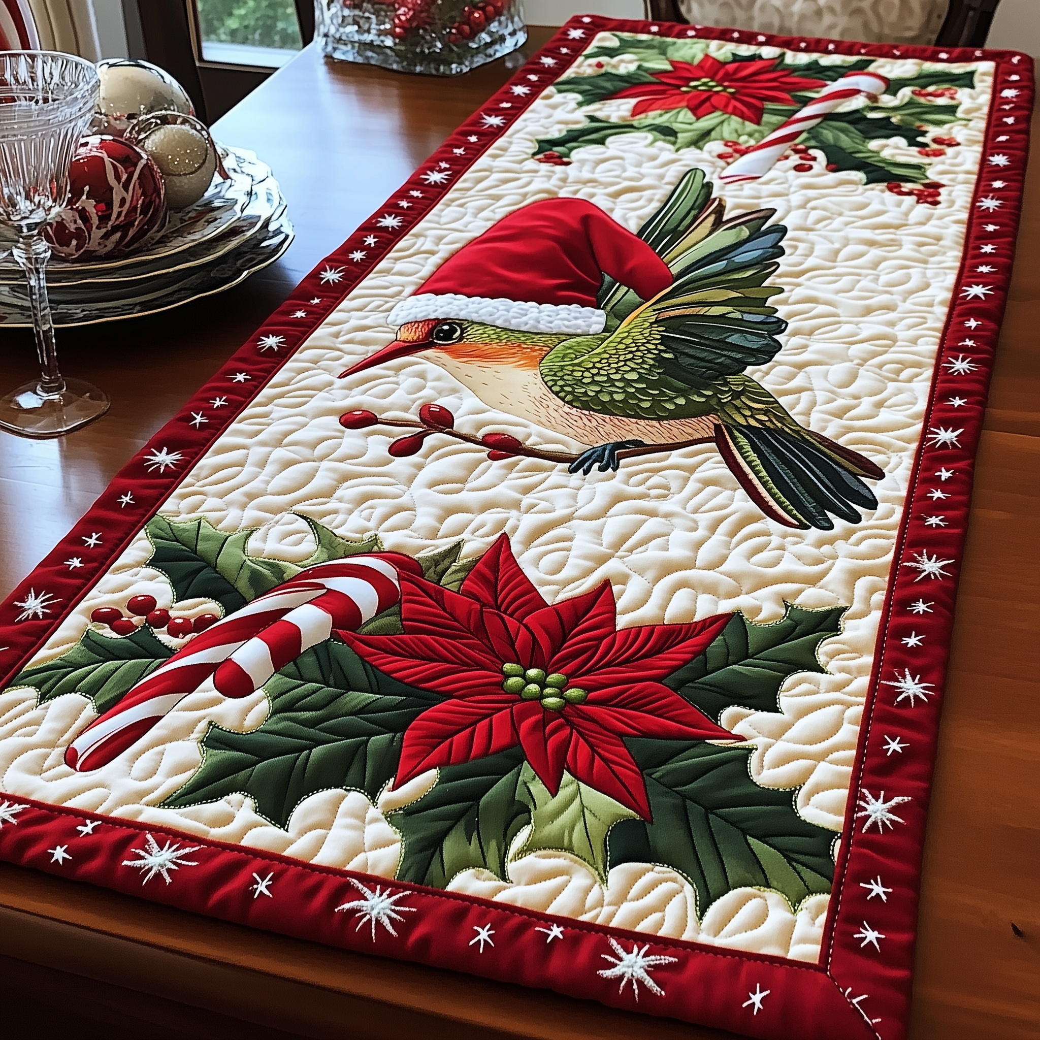 Christmas Hummingbird Quilted Table Runner Christmas Themed Table Runner Great Family Gifts For Christmas