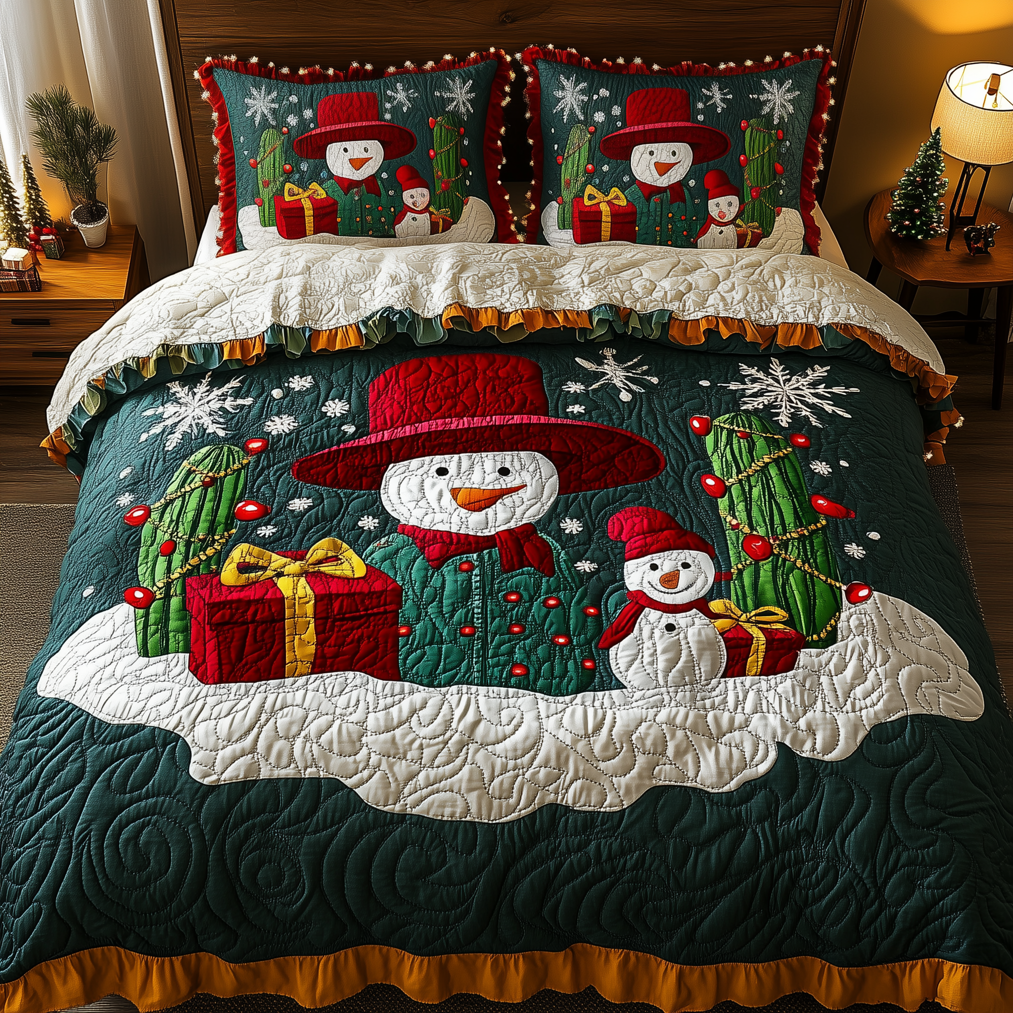Christmas Joyful Cactus Quilted Bedding Set Bed Christmas Decor Christmas Present Ideas For Couples