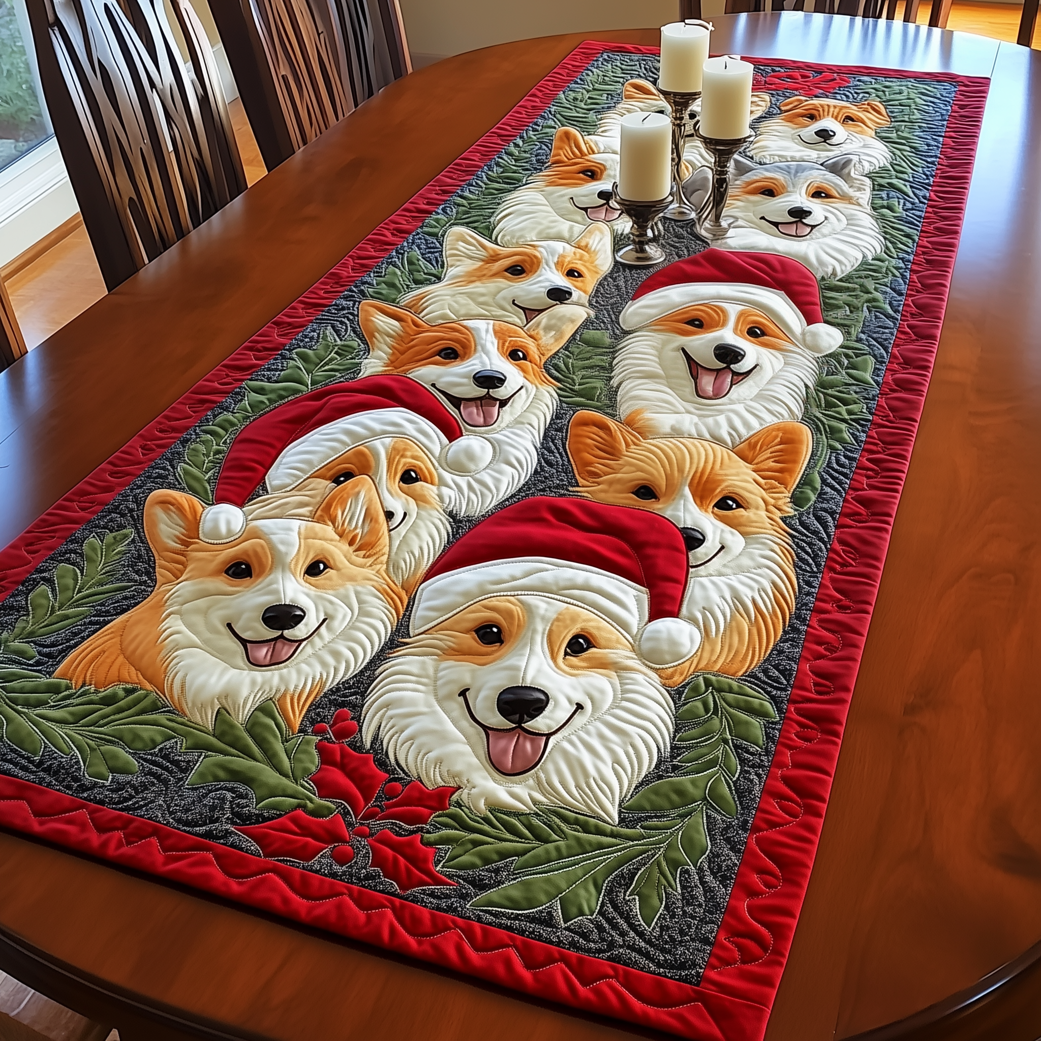 Christmas Joyful Corgi Quilted Table Runner Bohemian Style Table Runner Corgi Christmas Gifts
