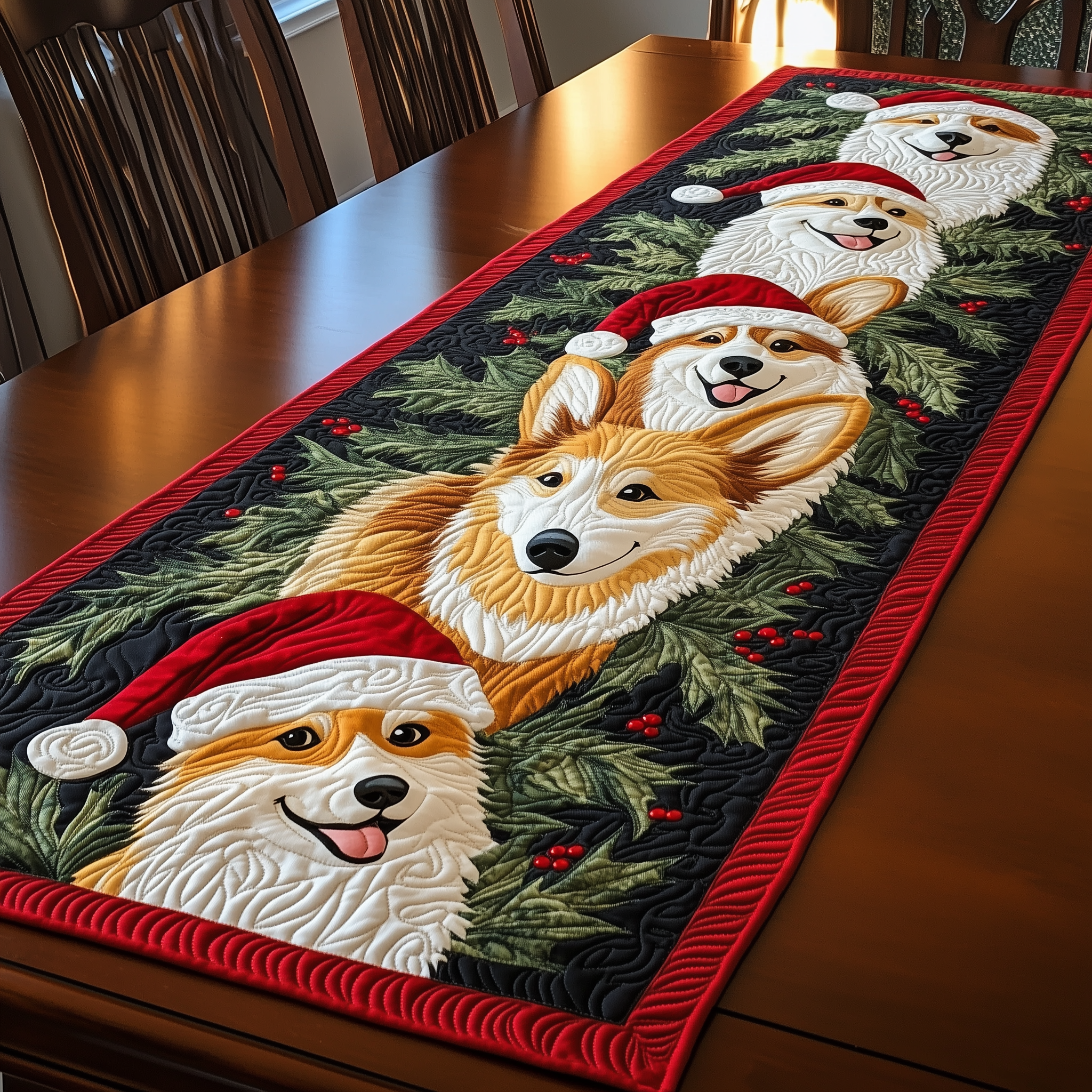 Christmas Joyful Corgi Quilted Table Runner Boho Macrame Table Runner Corgi Christmas Presents