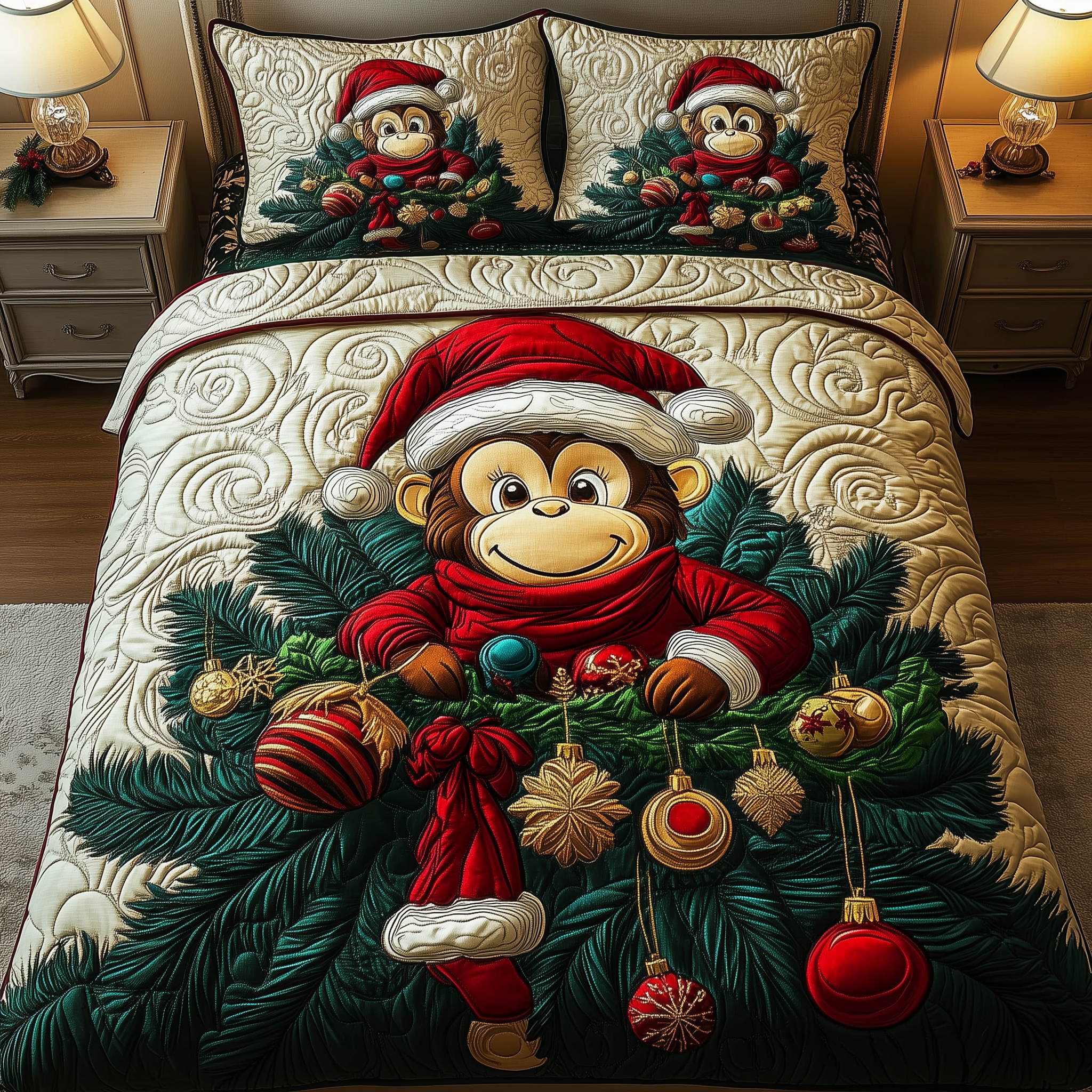 Christmas Joyful Monkey Quilted Bedding Set Christmas Bed Covers Family Xmas Presents