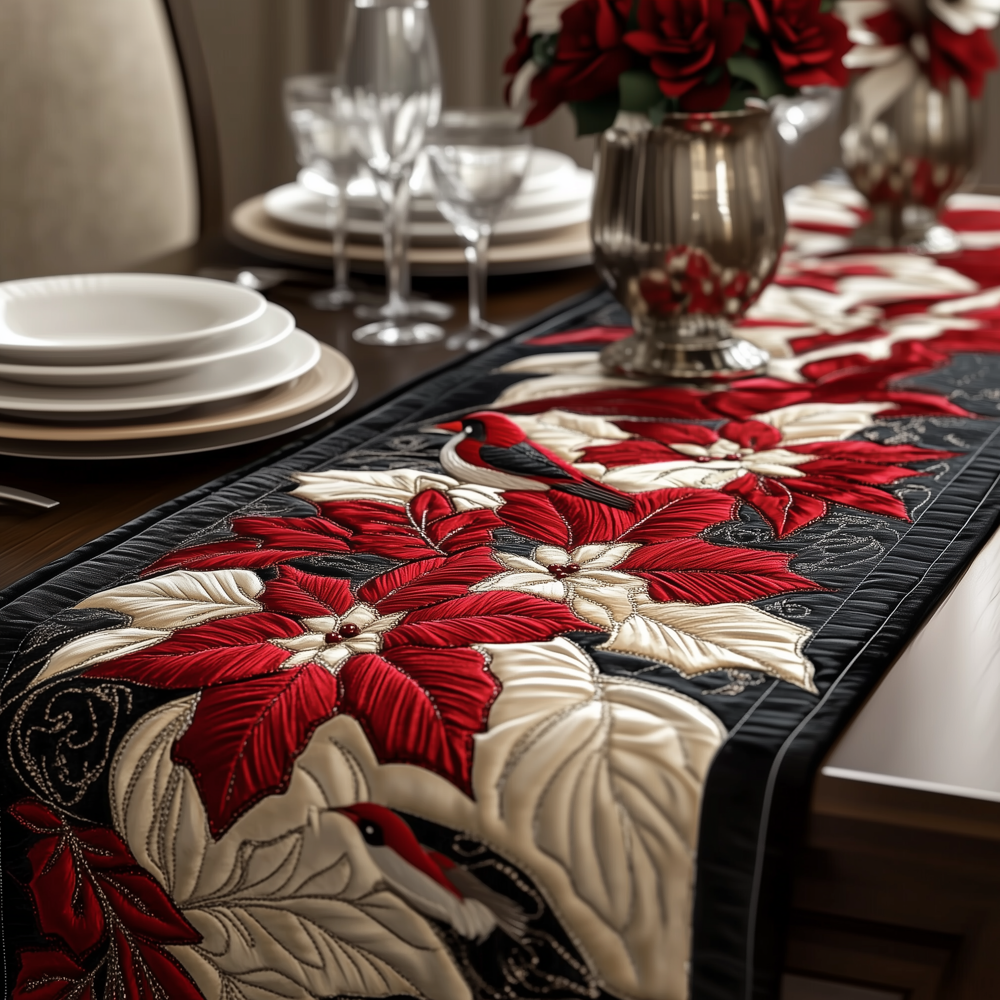 Christmas Poinsettias Quilted Table Runner Christmas Dining Table Decor Unique Christmas Gifts