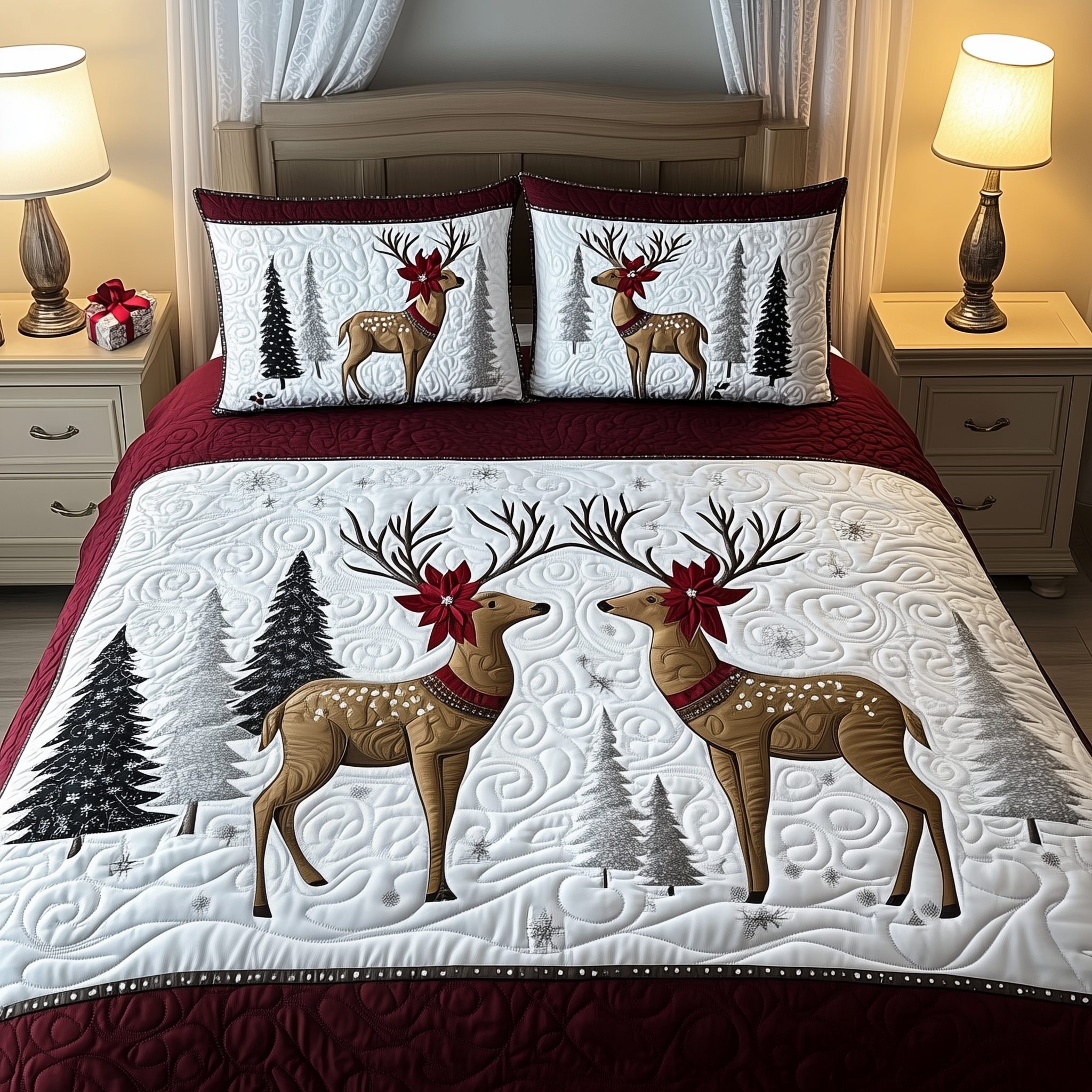 Christmas Reindeer Quilted Bedding Set Christmas Bed Spread Christmas Gifts