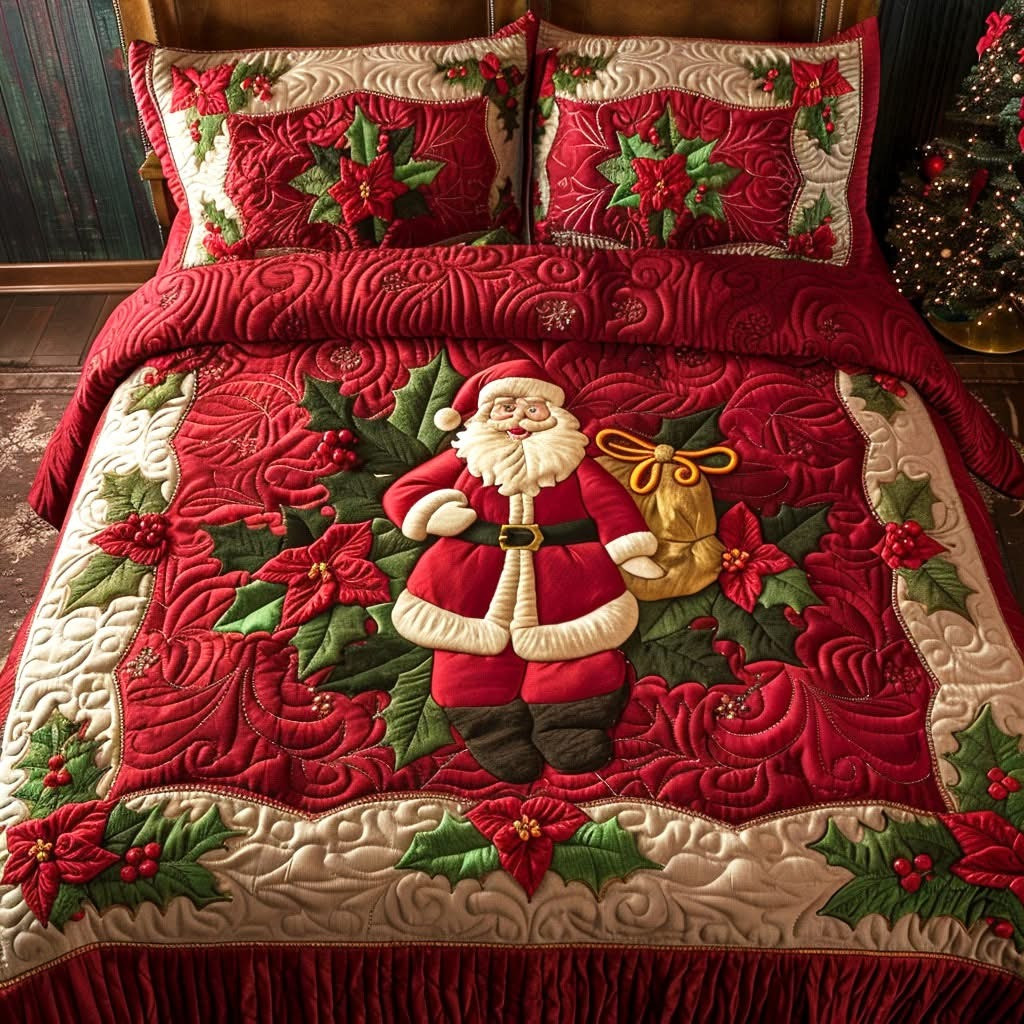 Christmas Santa Claus Quilted Bedding Set Holiday Decoration Xmas Gifts Ideas