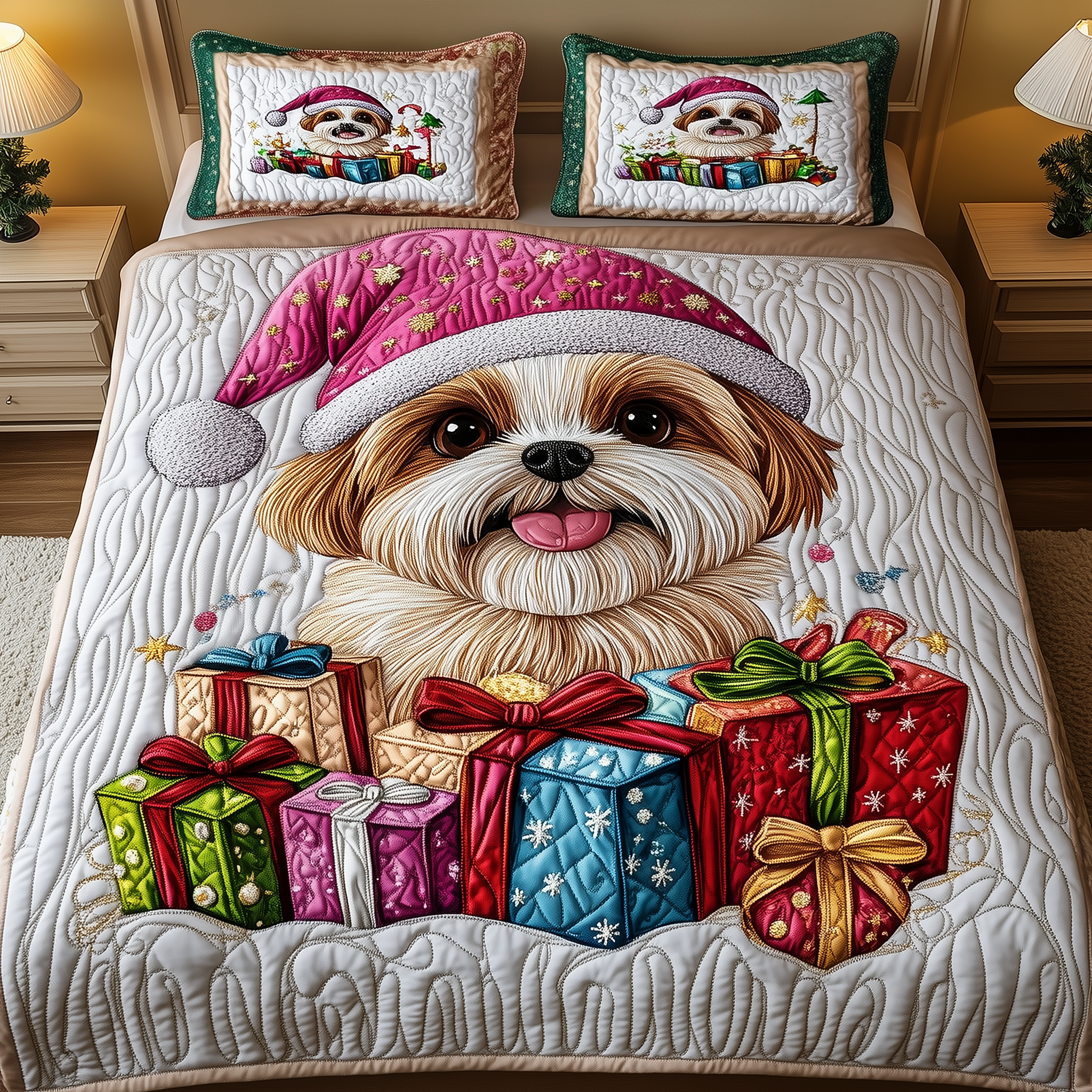 Christmas Shih Tzu Quilted Bedding Set Holiday Bedding Sets Gift Ideas For Shih Tzu Lovers