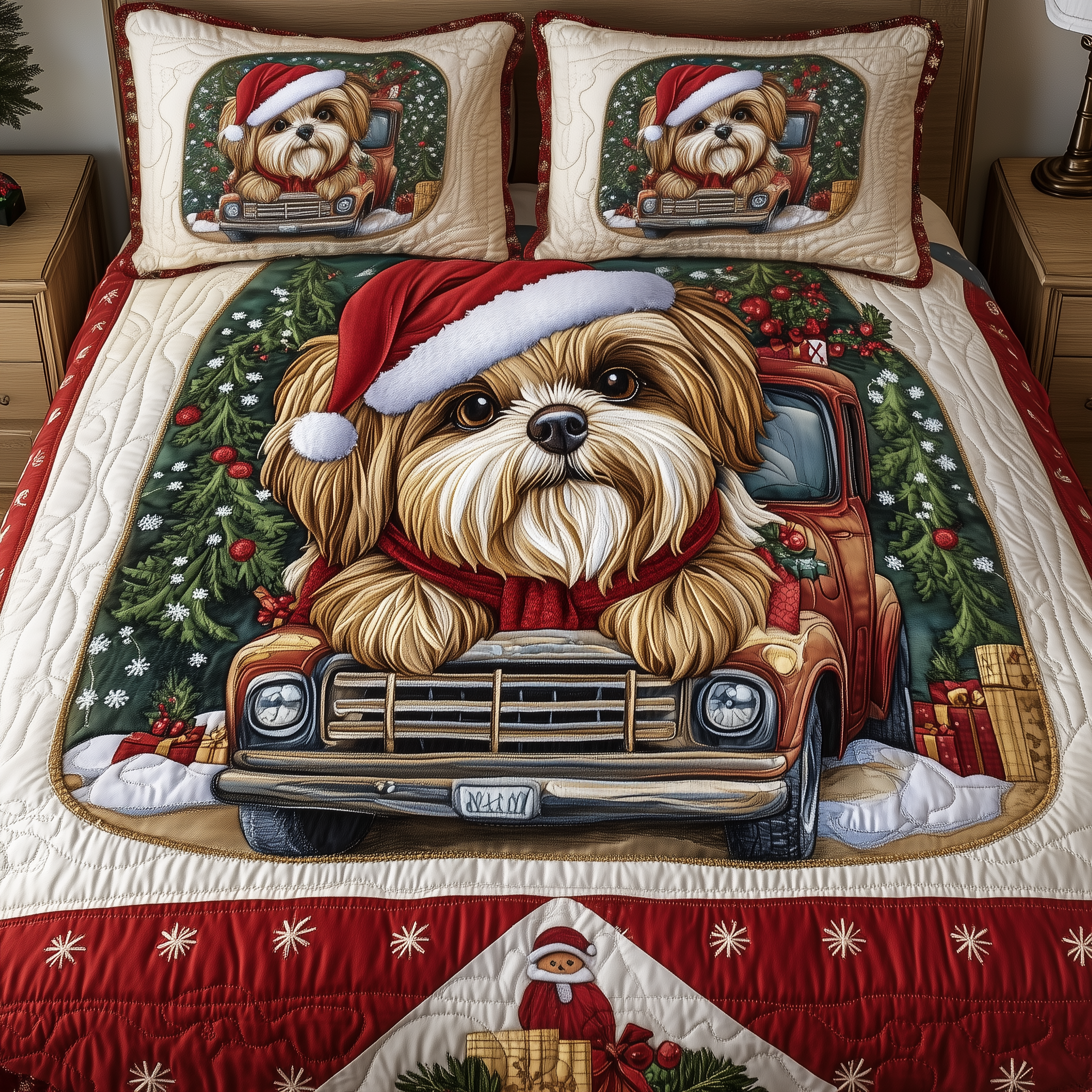 Christmas Shih Tzu Quilted Bedding Set Holiday Bedding Sets Shih Tzu Gifts For Dog Lovers