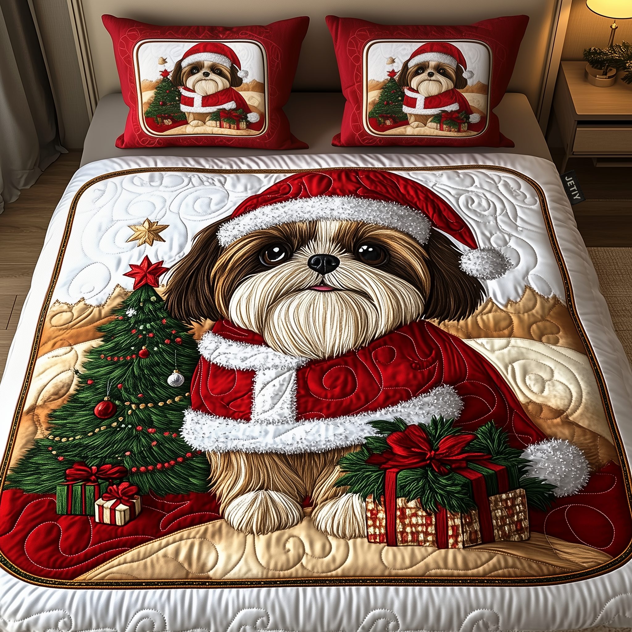 Christmas Shih Tzu Quilted Bedding Set Holiday Bedroom Decor Gifts For Shih Tzu Lovers