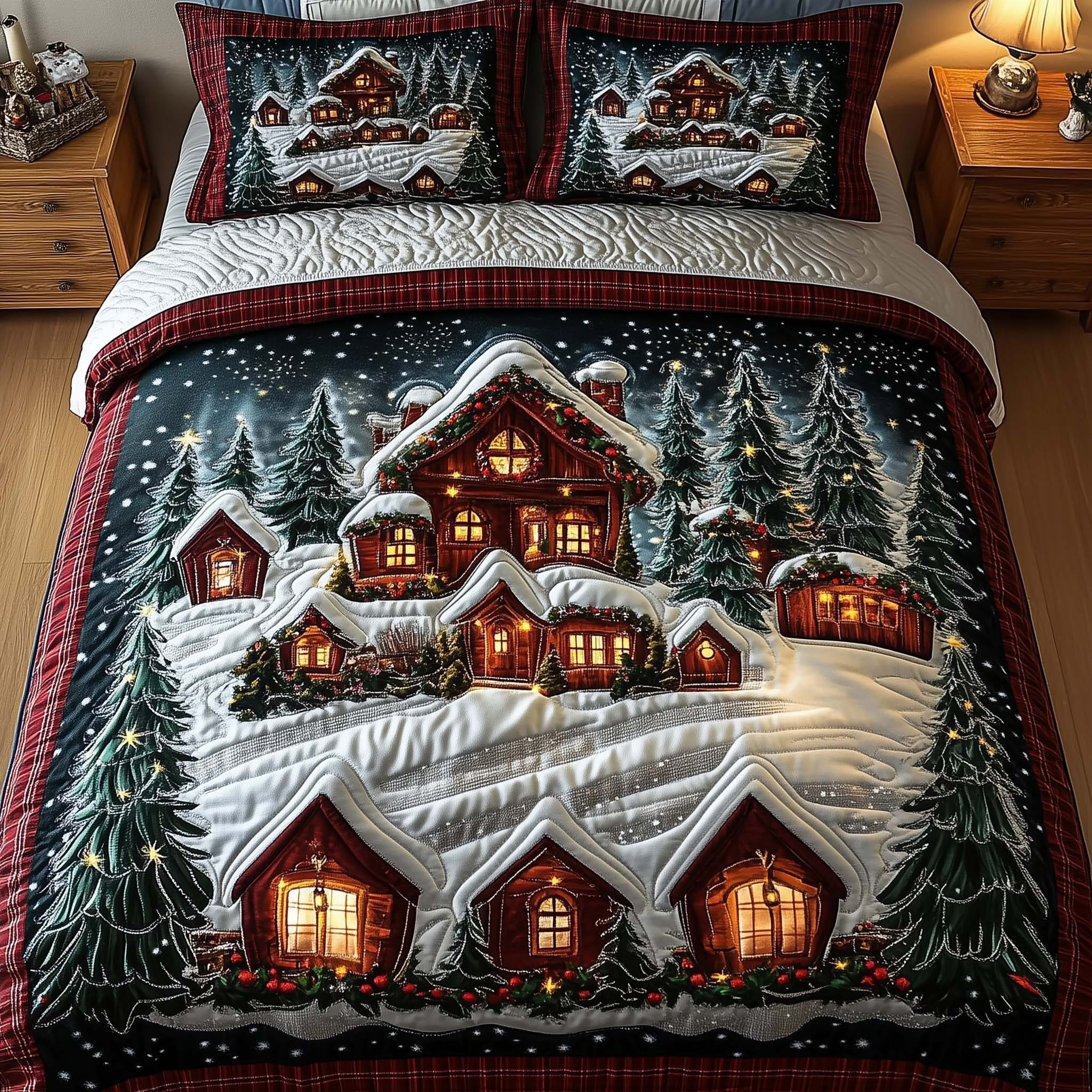 Christmas Town Quilted Bedding Set Top Cozy Xmas Bed Sheet Set Gift For Your Family