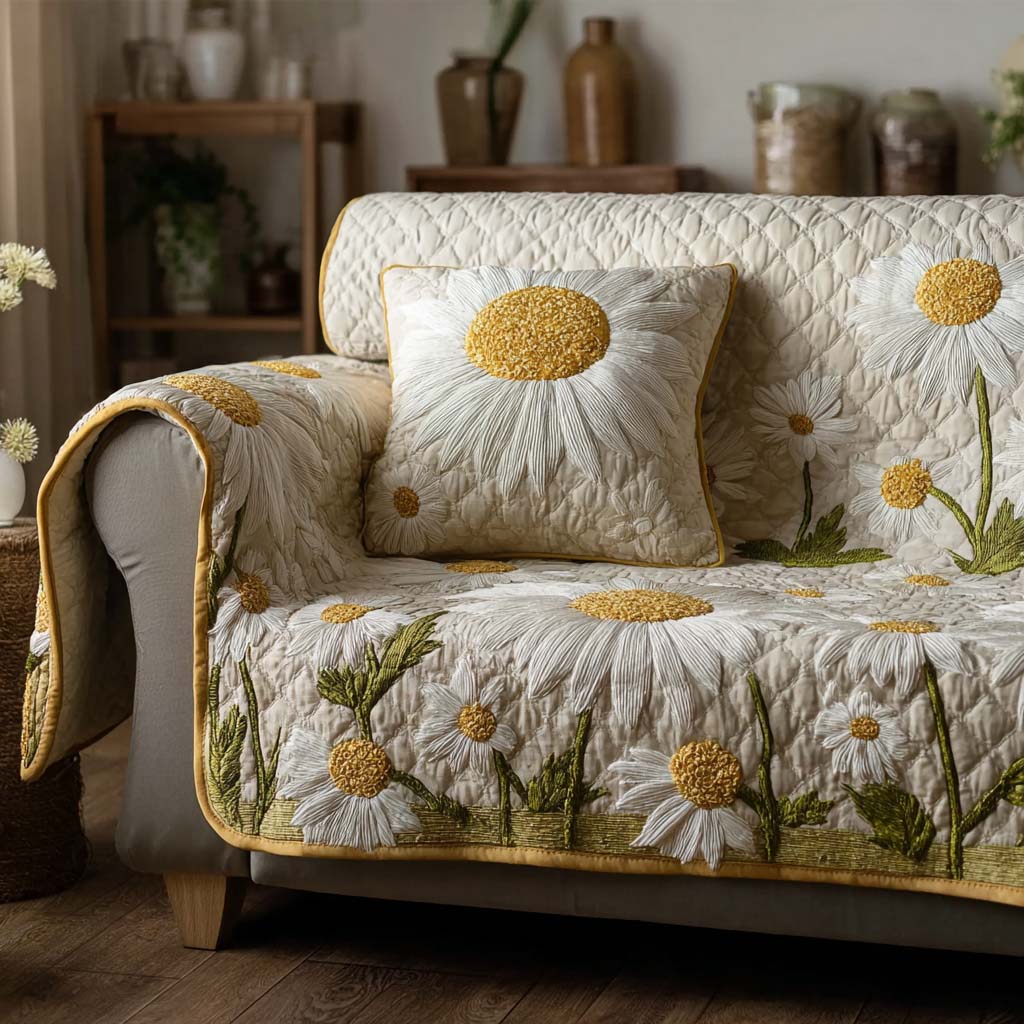 Classic Daisy Quilted Sofa Cover Indoor Decor Gifts For Daisy Lovers - Image 2