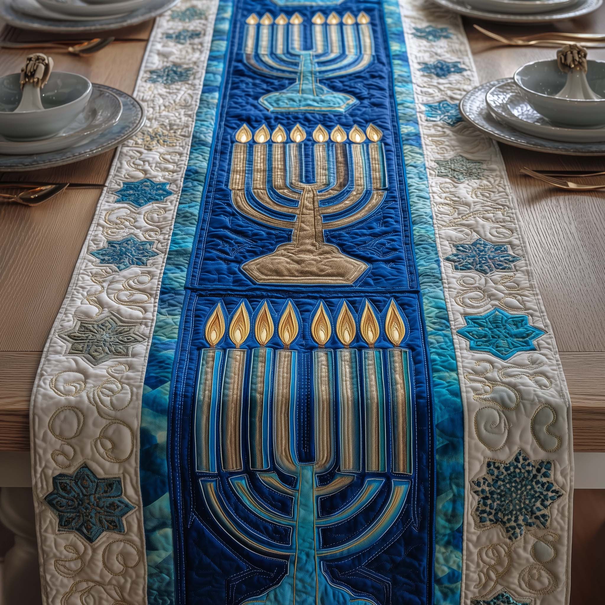 Classic Menorah Quilted Table Runner Dinner Table Decor Cool Hanukkah Gifts