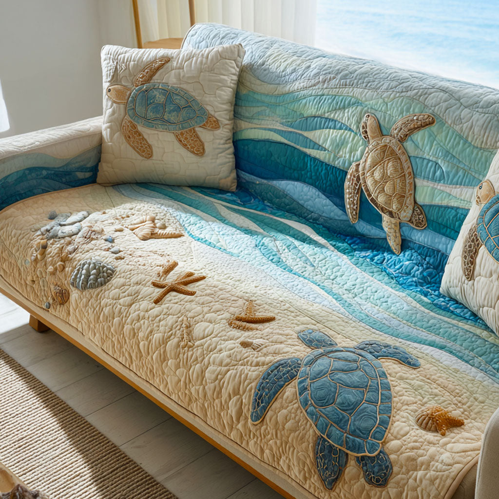 Coastal Bliss Quilted Sofa Cover Furniture Slipcovers Sea Turtle Themed Gifts