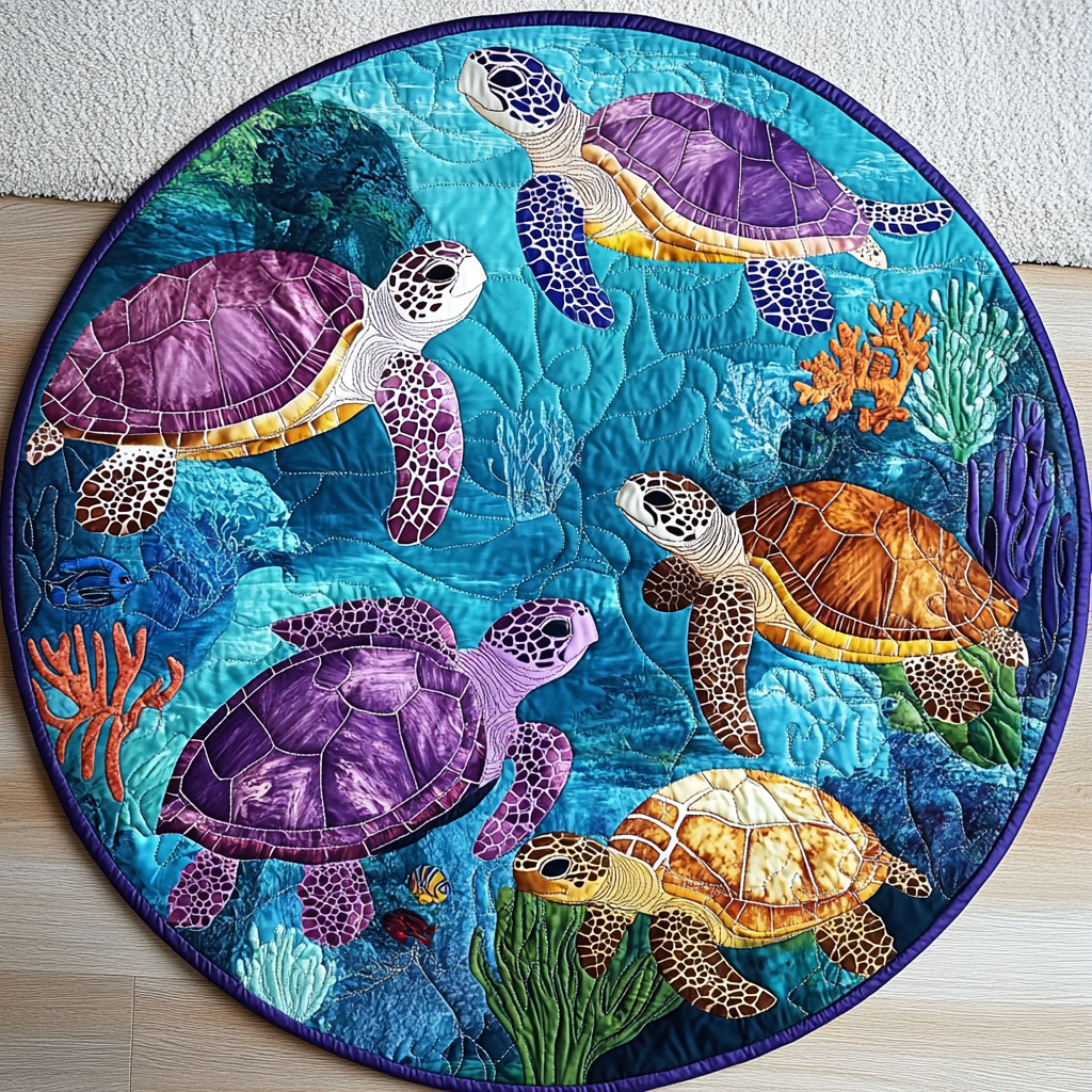 Coastal Charm Quilted Round Mat Round Holiday Rugs Sea Turtle Gifts For Him