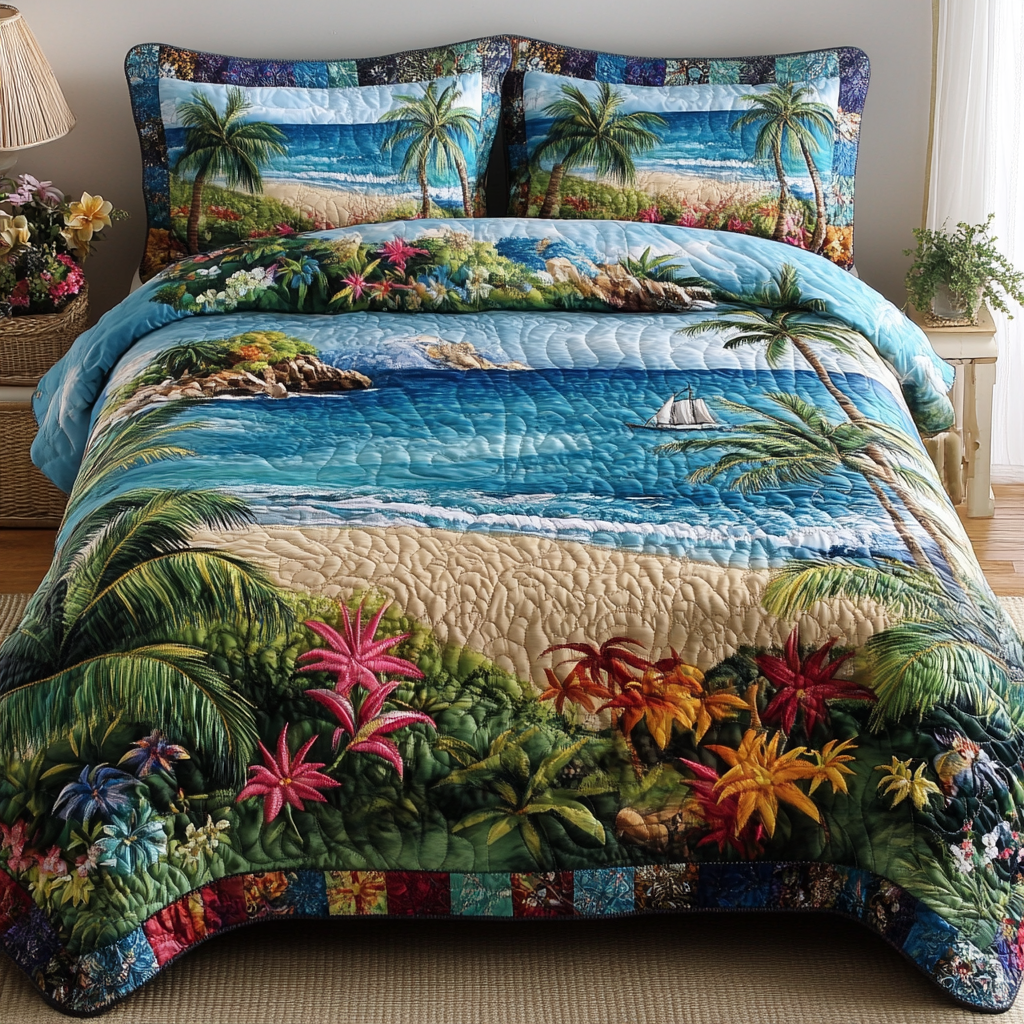 Coastal Chill Quilted Bedding Set Cozy Bedroom Decor Beach Gifts For Friend
