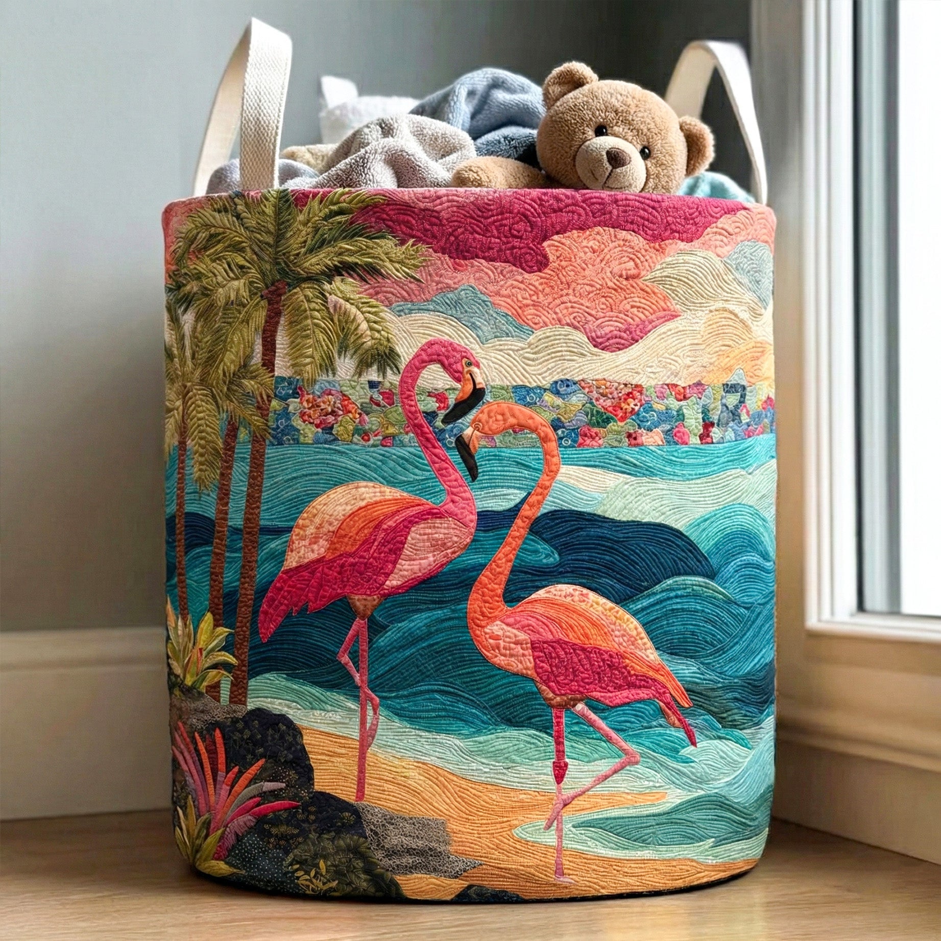 Coastal Flamingo Quilted Laundry Basket Foldable Hamper Flamingo Birthday Gift Ideas