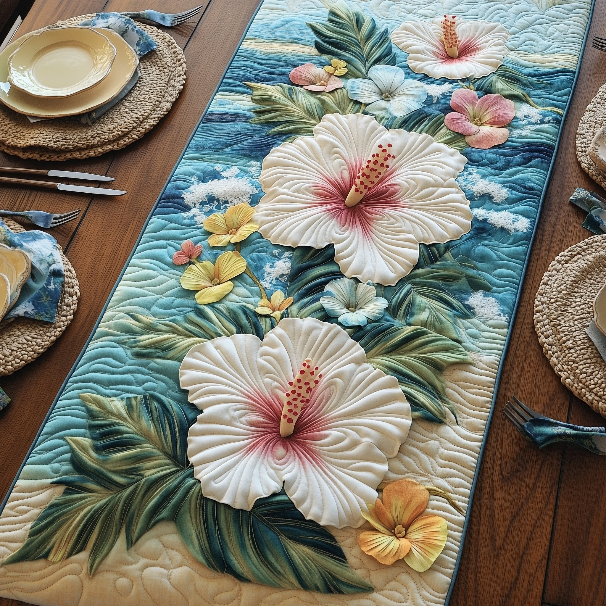 Coastal Hibiscus Paradise Quilted Table Runner Hawaii Table Runner Cool Mothers Day Gifts