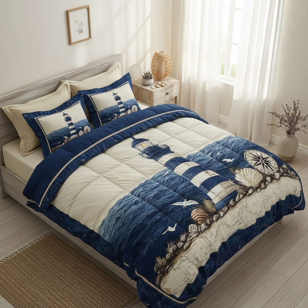 Coastal Lighthouse Quilted Bedding Set Ocean Theme Duvet Cover Set Unique Father's Day Gifts