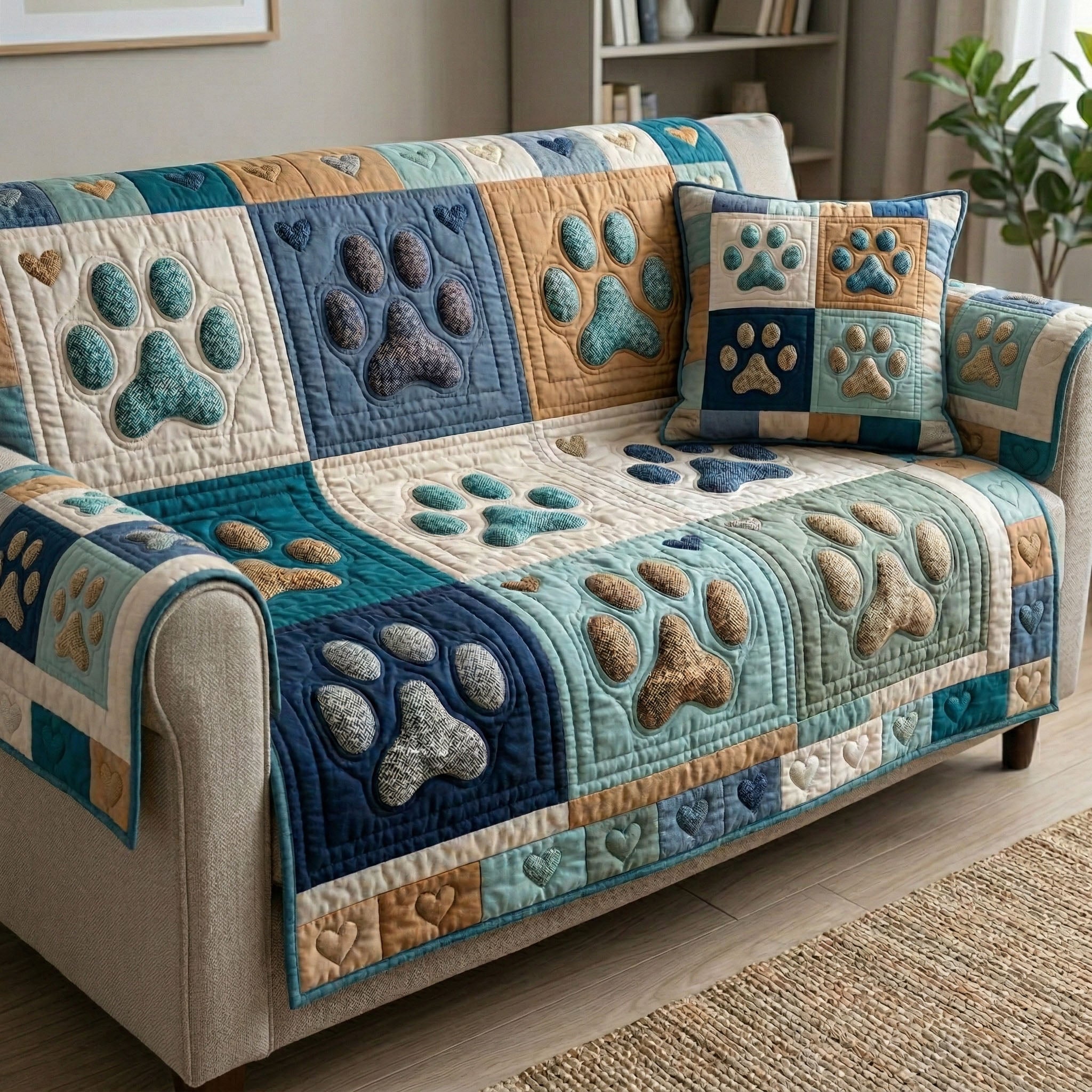 Coastal Paw Harmony Quilted Sofa Cover Home Decor Gift Idea For Dog Pet Lovers