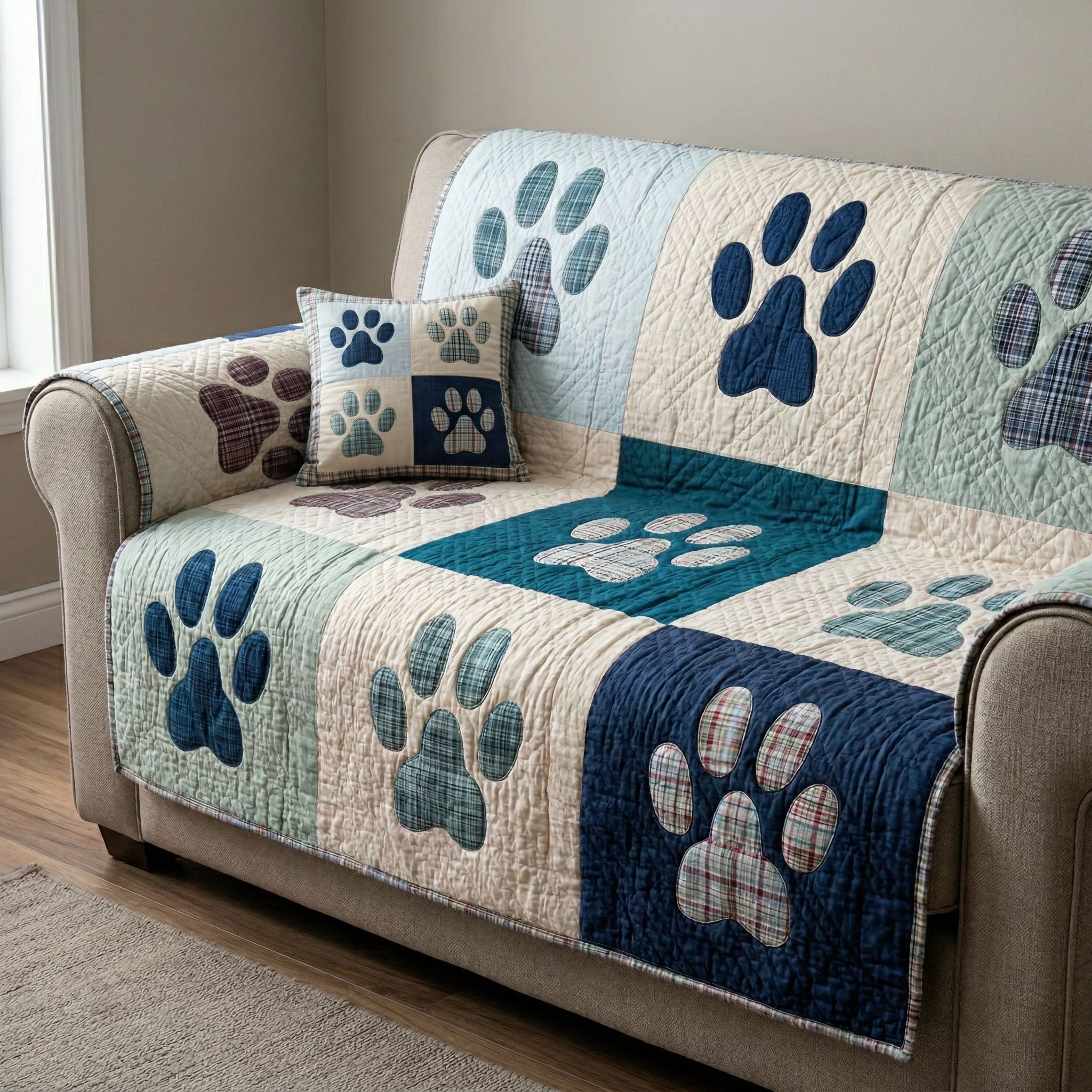 Coastal Plaid Paws Quilted Sofa Cover Living Room Decor Ideas Unique Dog Gifts For Owners