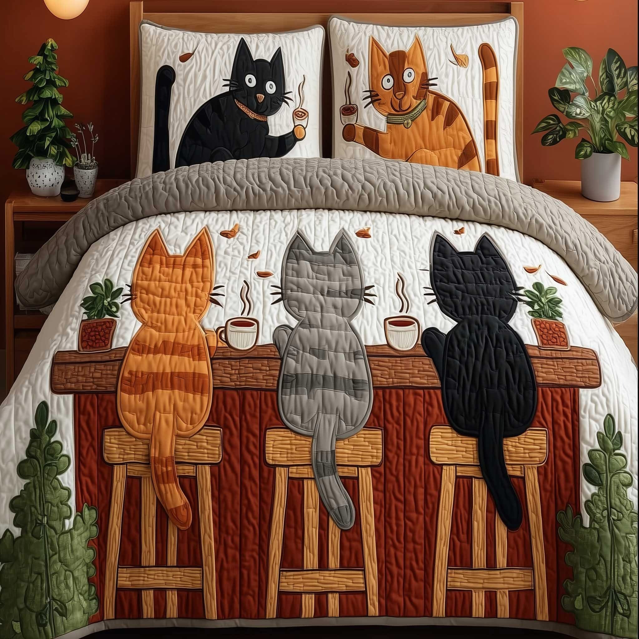 Coffee Cats Night Out Quilted Bedding Set Bed Decorations Presents For Cat Lovers