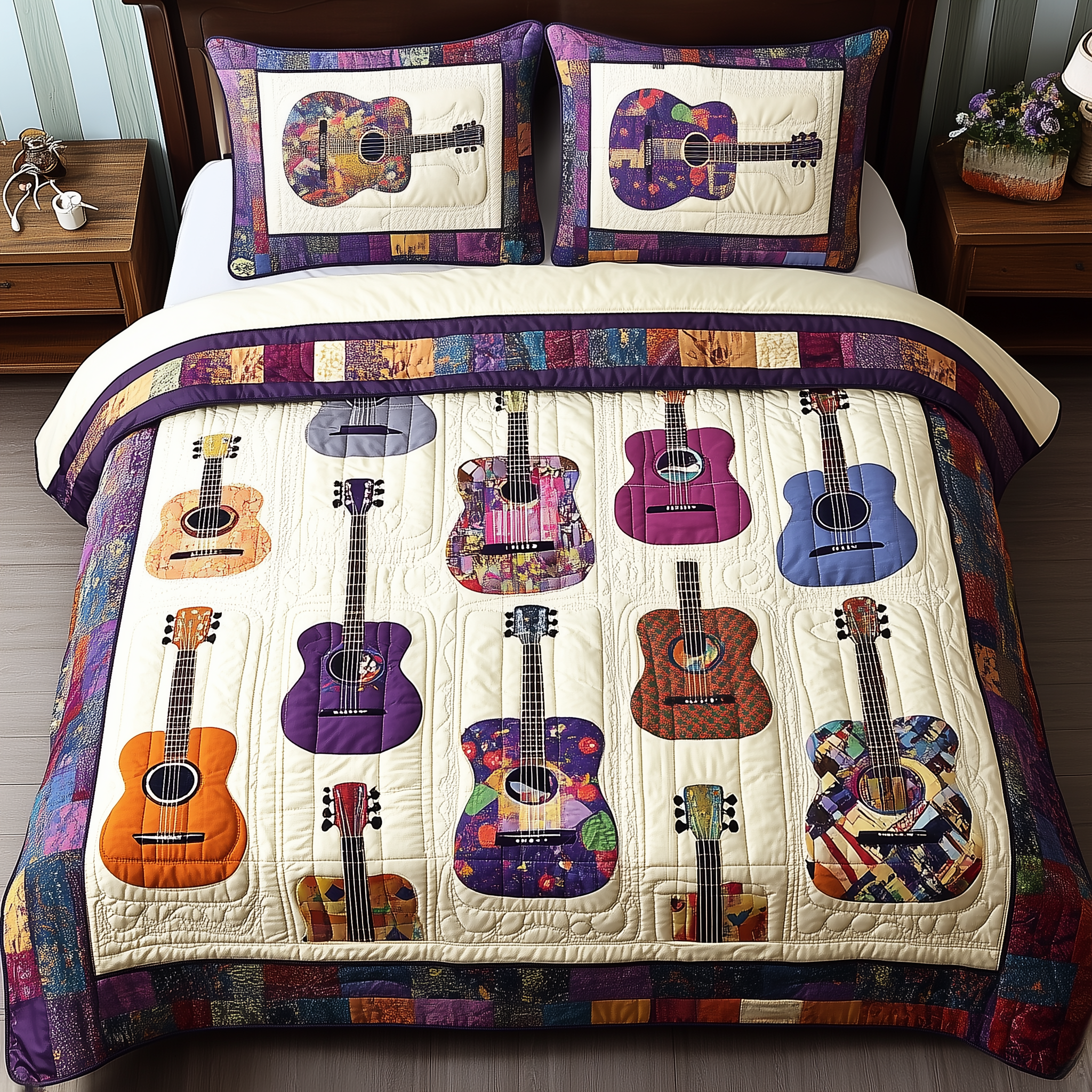 Coloful Guitars Quilted Bedding Set Good Bed Sets Gifts For Acoustic Guitar Players