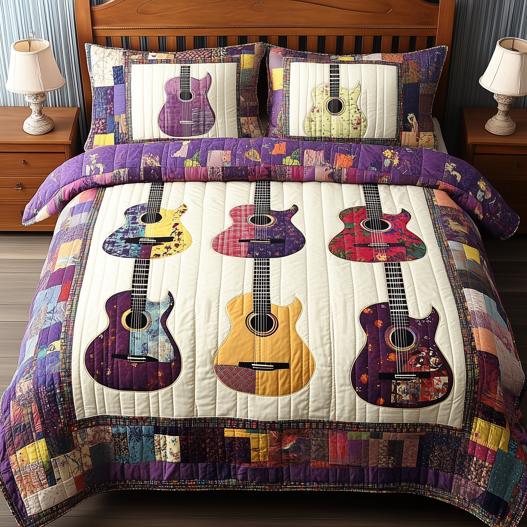 Coloful Guitars Quilted Bedding Set Nice Bed Sheet Sets Great Gifts For Guitar Players